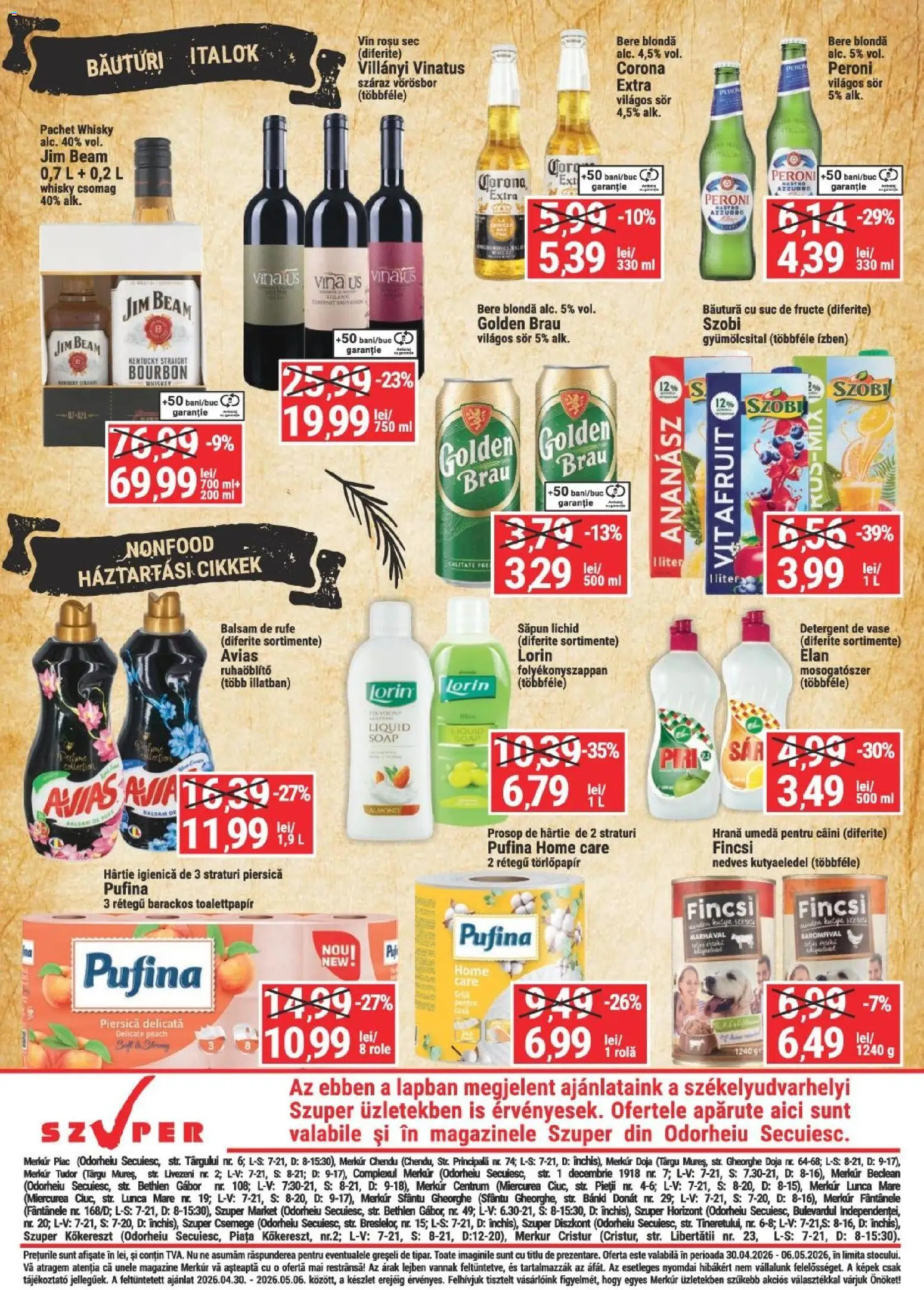 Noul catalog Merkur – valabil de la 30.04.2026 | Pagină: 4 | Produse: Detergent de vase, Suc, Whiskey, Fructe