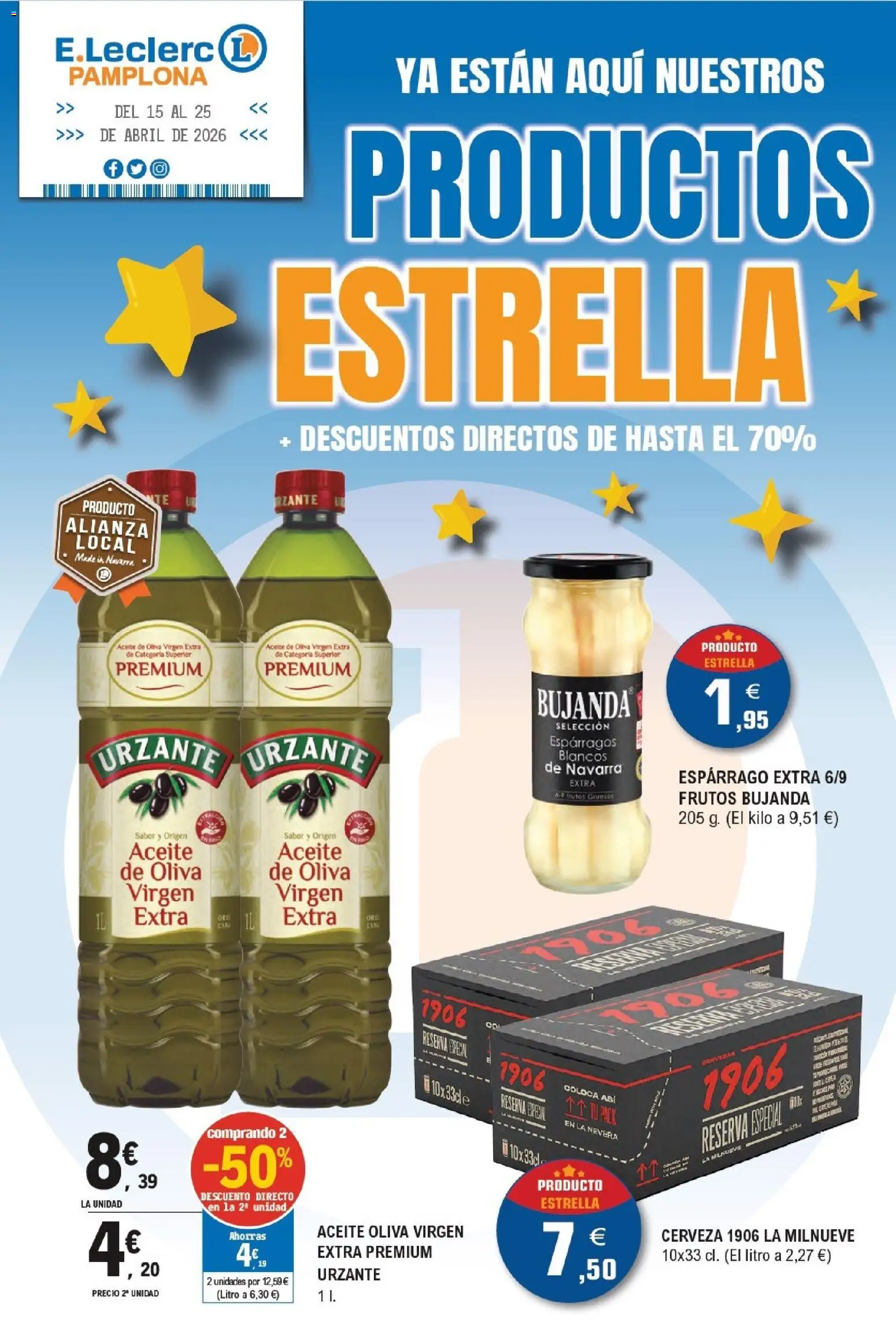 E.Leclerc Productos Estrella │ válido desde el 15.04.2026 | Página: 1 | Productos: Aceite, Νερό καρύδας, Aceite de oliva virgen extra, Nevera