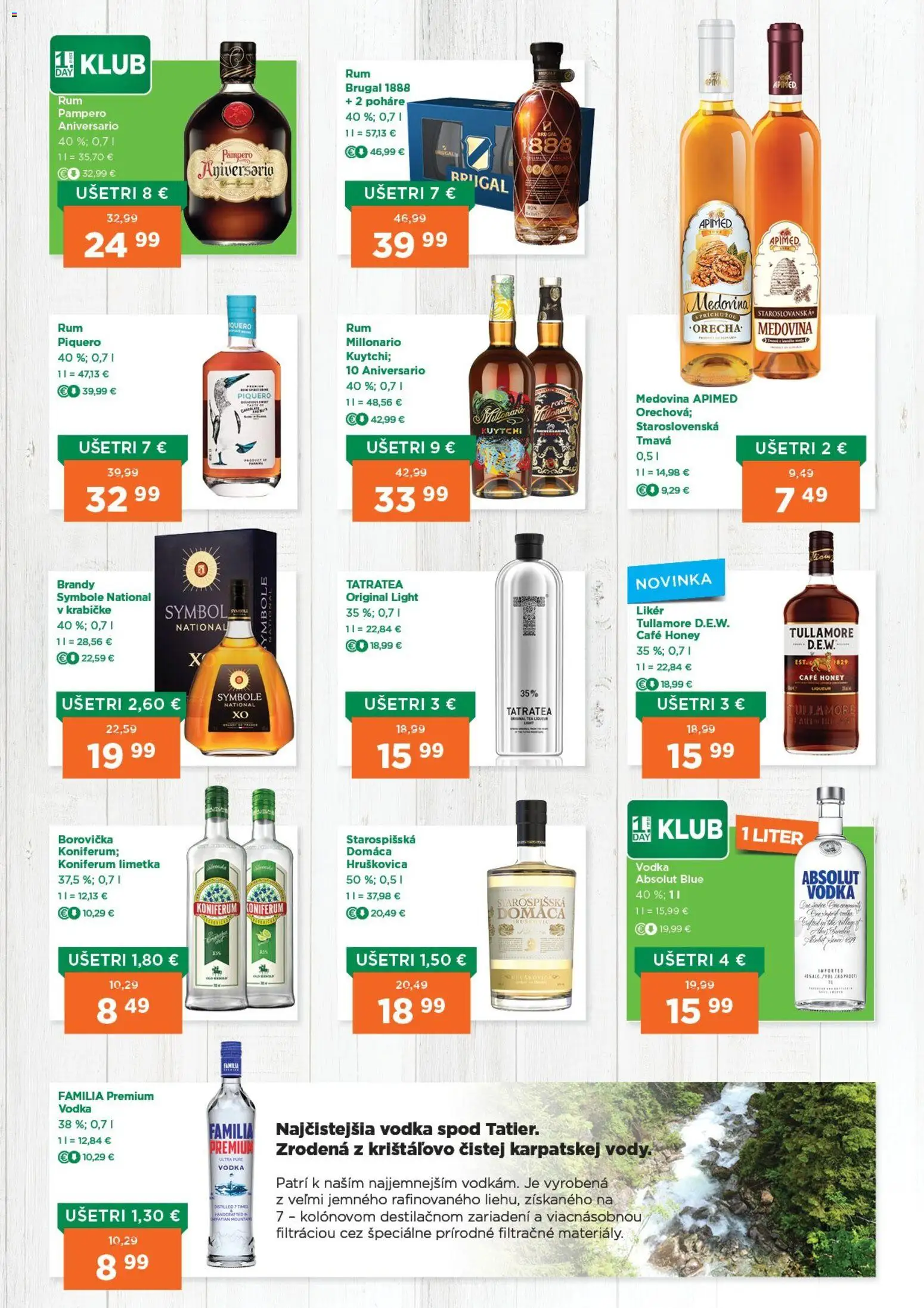 Nové 1day akcie – leták je platný od 06.11.2025 | Strana: 2 | Produkty: Borovička, Koniferum, Brandy, Vodka