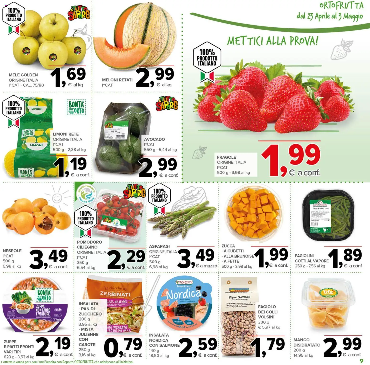 Volantino Todis del 23.04.2026 | Pagina: 9 | Prodotti: Zucchero, Asparagi, Fagiolini, Farro