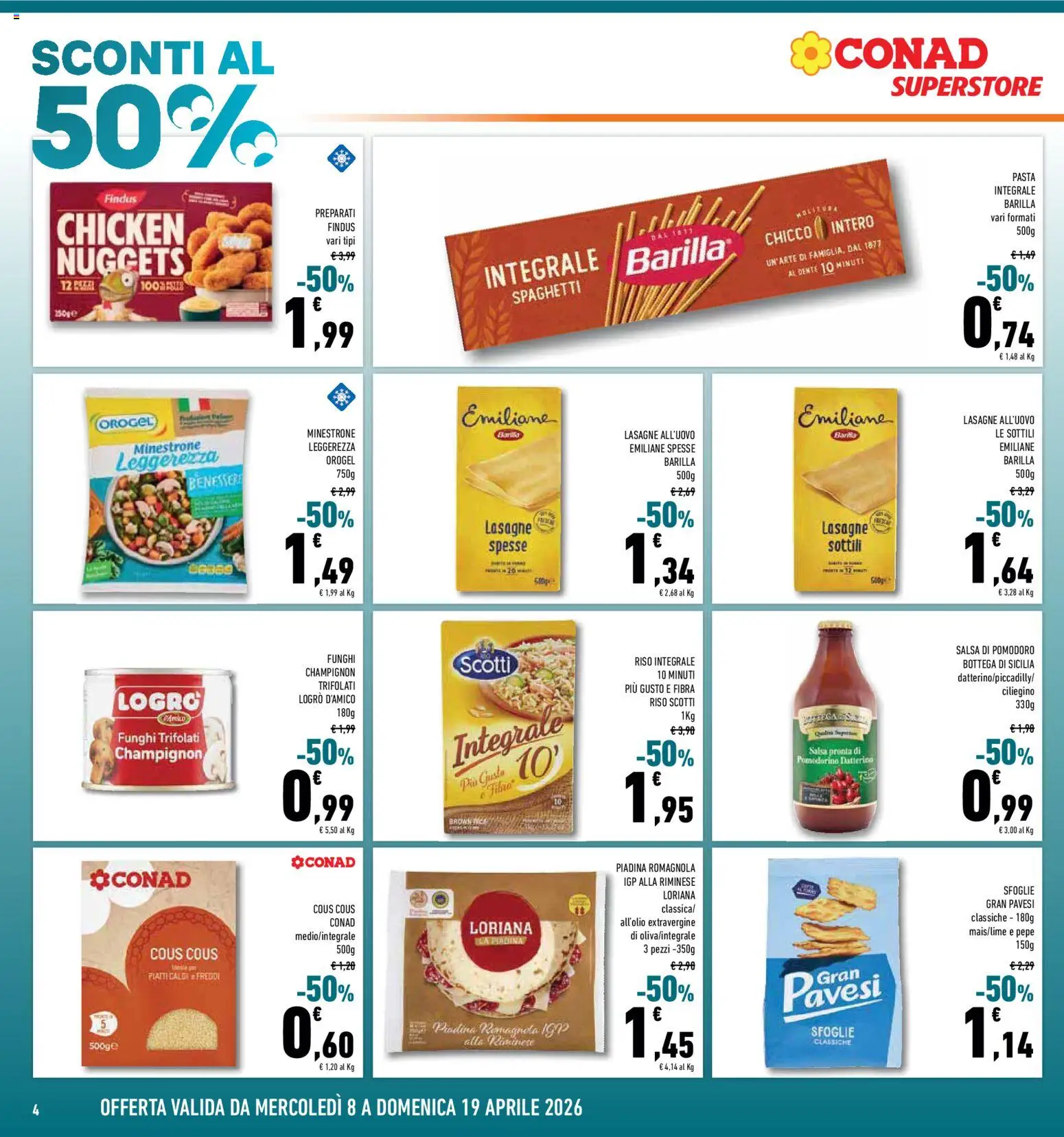 Volantino Conad del 08.04.2026 | Pagina: 4 | Prodotti: Nuggets, Pomodoro, Pasta, Funghi