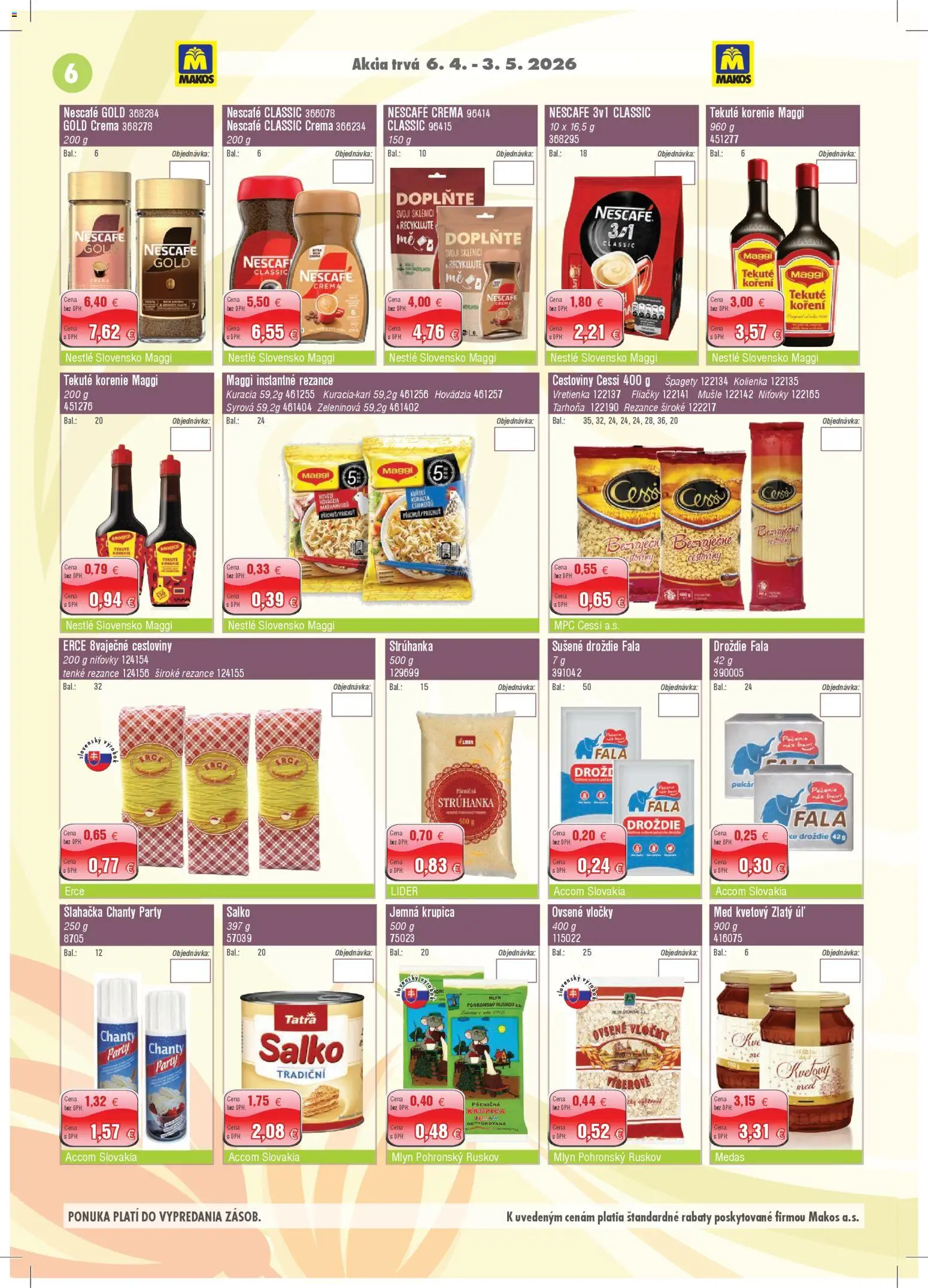 Nové Makos akcie – leták je platný od 06.04.2026 | Strana: 6 | Produkty: Cestoviny, Rezance, Nescafé Gold, Šľahačka