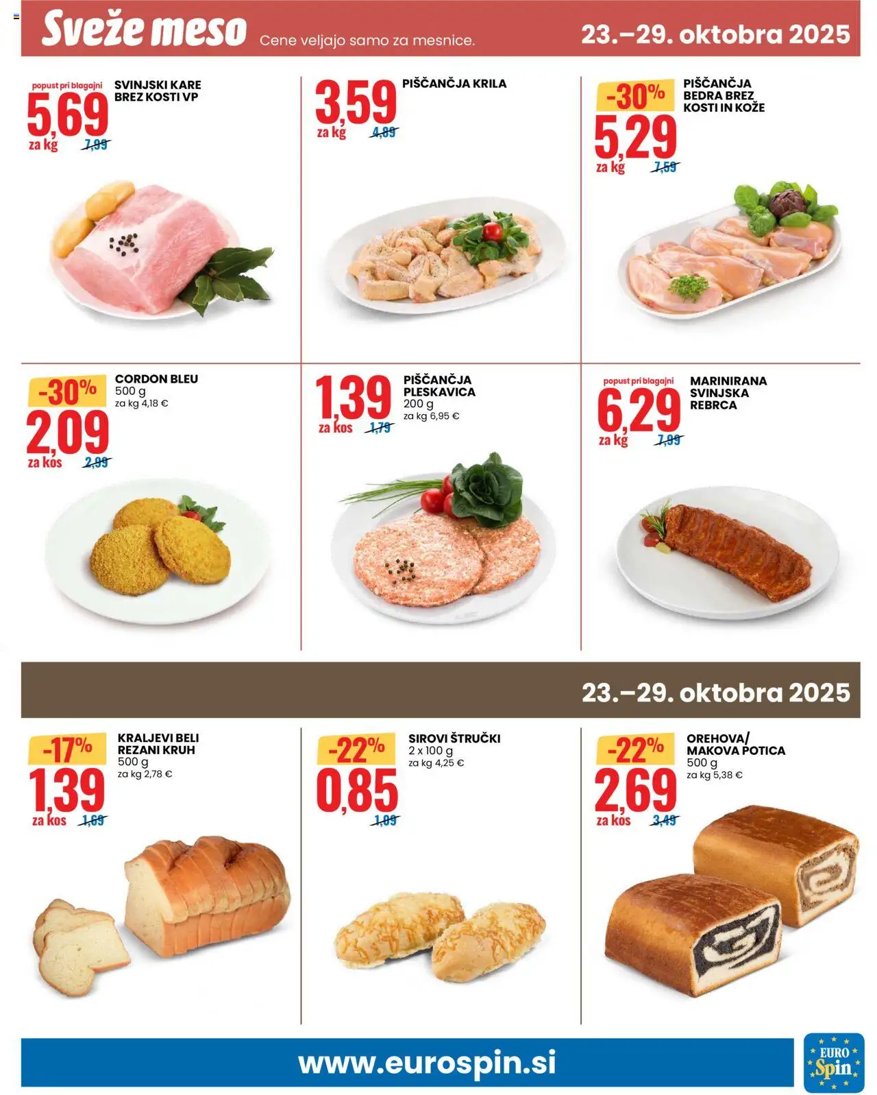 Novi Eurospin katalog ponudbe – veljaven od 23.10.2025 | Stran: 11 | Izdelki: Rebrca, Piščančja krila, Kos, Kruh