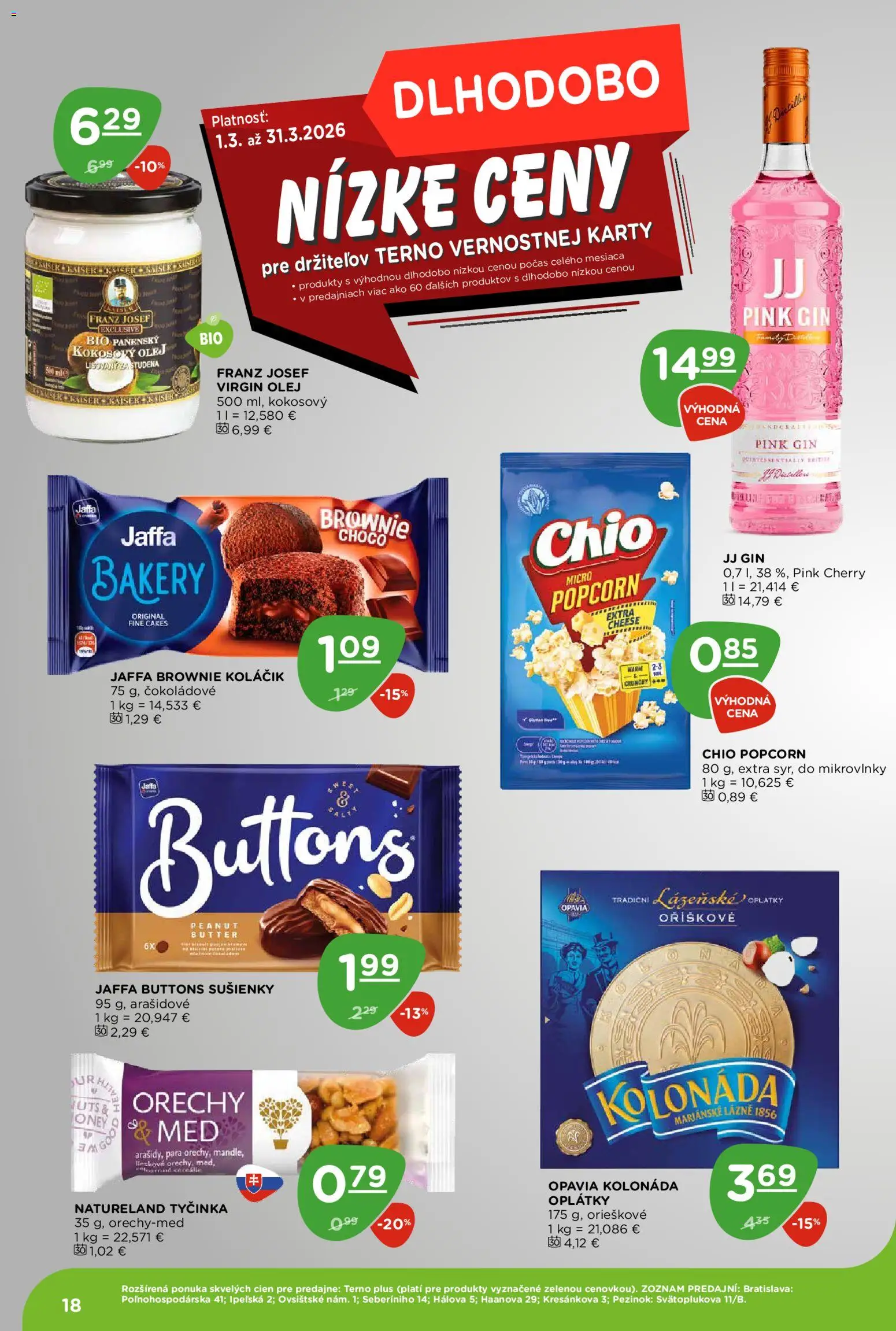Nové Terno akcie – leták je platný od 12.03.2026 | Strana: 18 | Produkty: Olej, Gin, Cereálie, Med