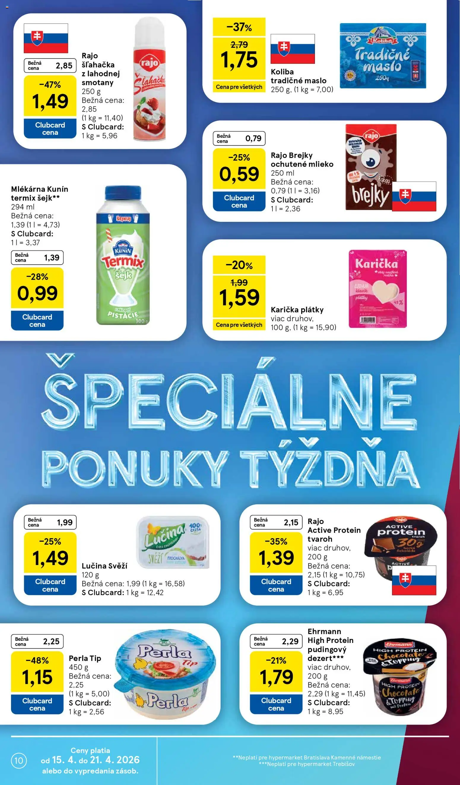 Nové Tesco akcie – leták je platný od 15.04.2026 | Strana: 10 | Produkty: Mlieko, Eidam, Protein, Kakao