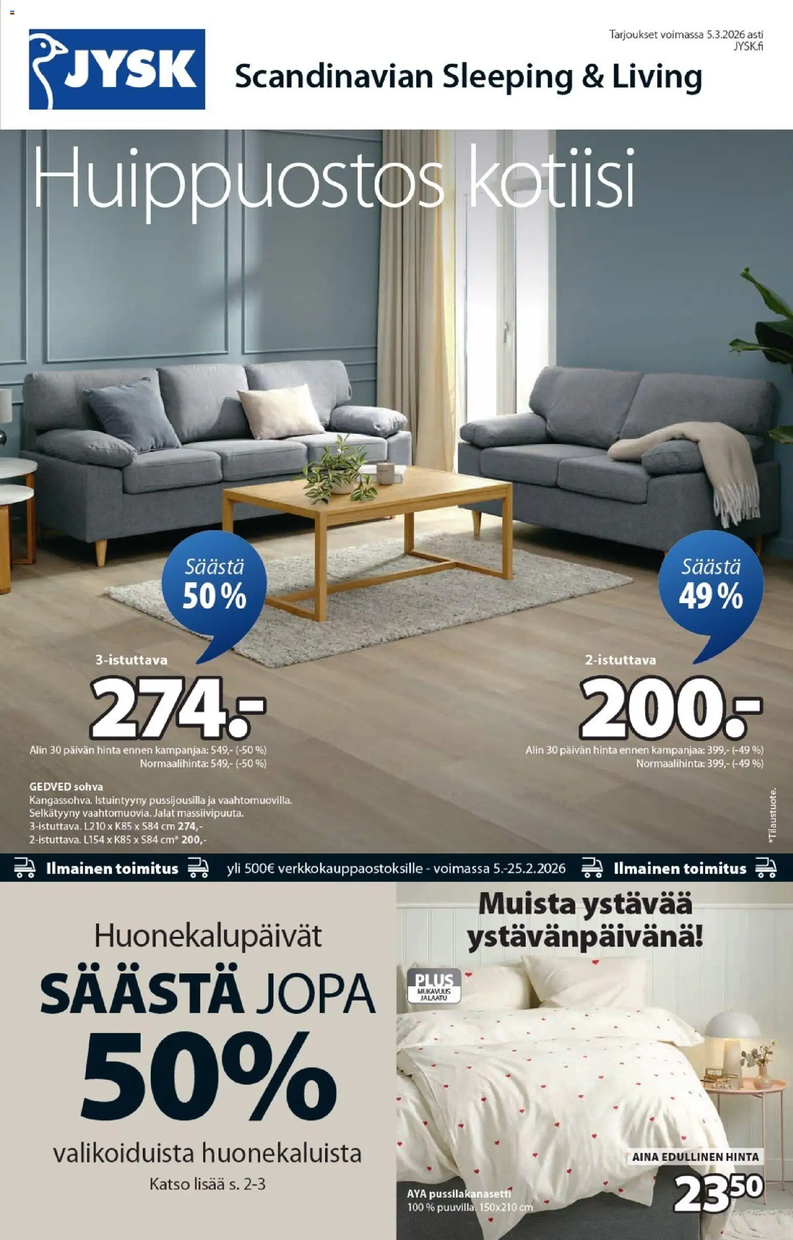 JYSK tarjoukset – voimassa 05.02.2026 alkaen | Sivu: 1 | Tuotteet: Pussilakanasetti, Istuintyyny, Sohva