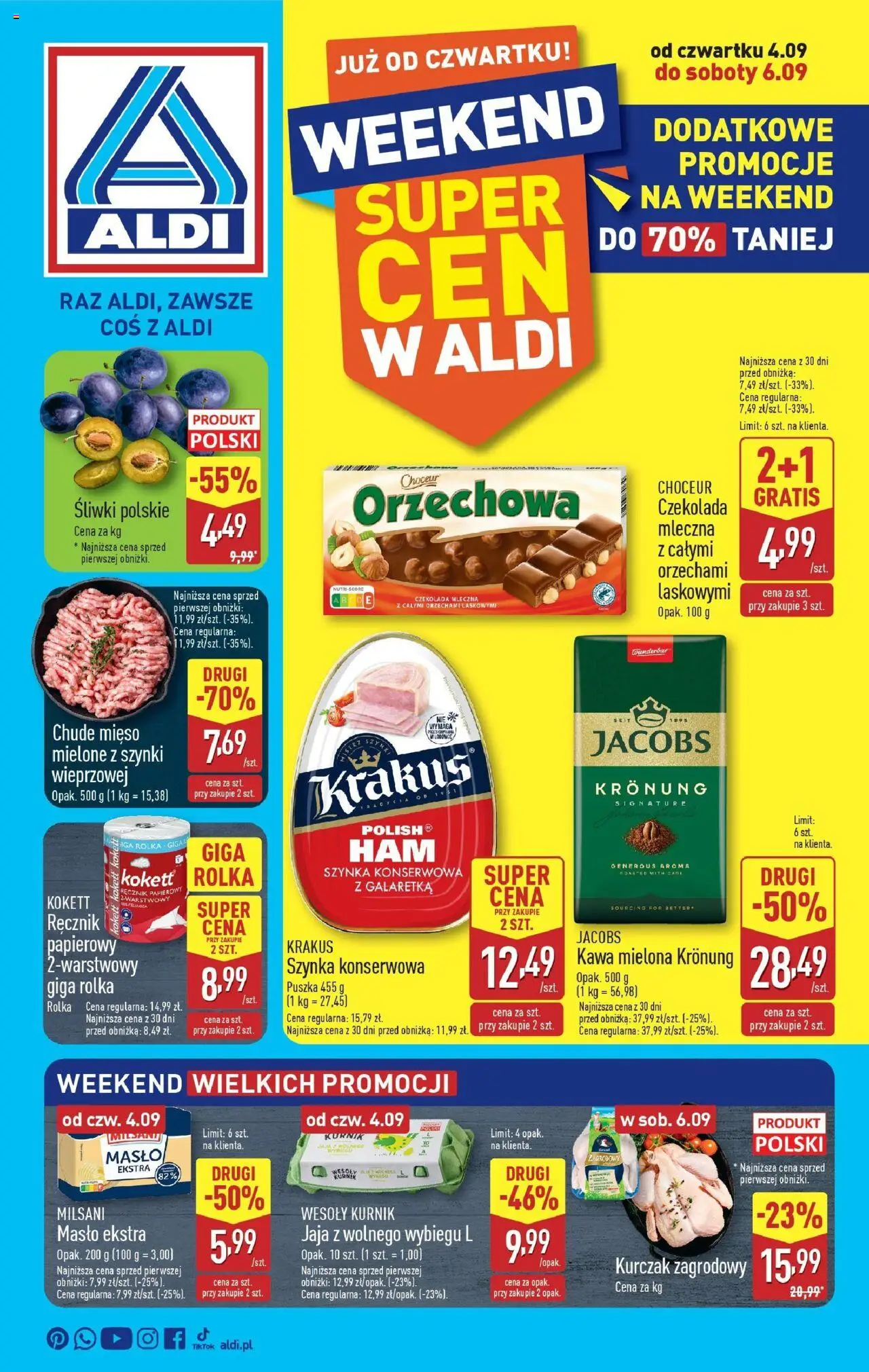 Aldi Gazetka - Okazje na weekend od 04.09.2025 | Strona: 1 | Produkty: Czekolada mleczna, Kurczak zagrodowy, Czekolada, Ręcznik papierowy