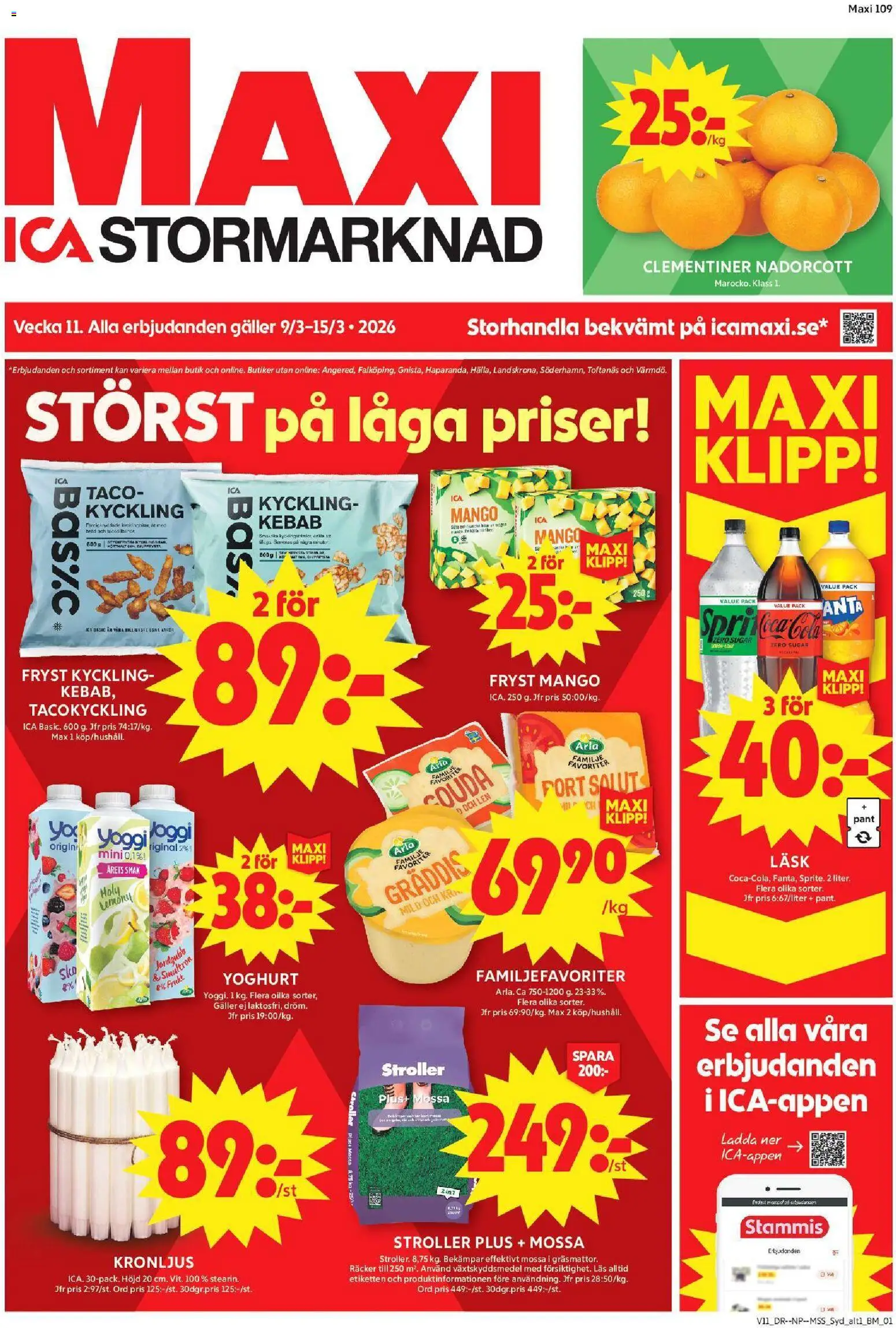 ICA Maxi reklamblad aktuell från 09.03.2026 | Sida: 1 | Produkter: Galler, Yoghurt, Yoggi, Mango