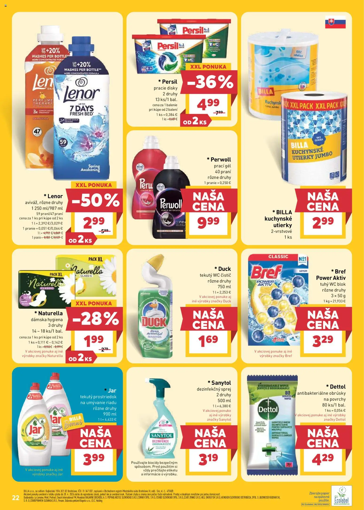 Nové Billa akcie – leták je platný od 22.04.2026 | Strana: 22 | Produkty: Perwoll, Wc, Budvar, Dettol