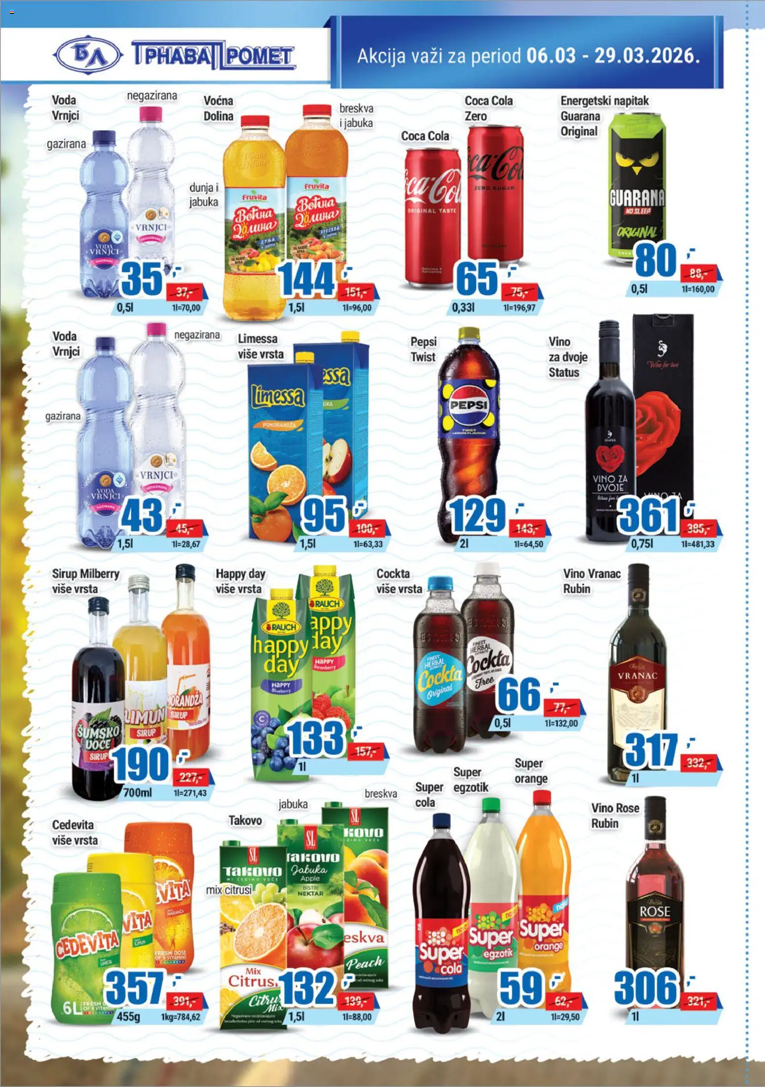 Trnava Promet katalog - važi od 06.03.2026 | Strana: 16 | Proizvode: Coca Cola, Cedevita, Guarana, Vino