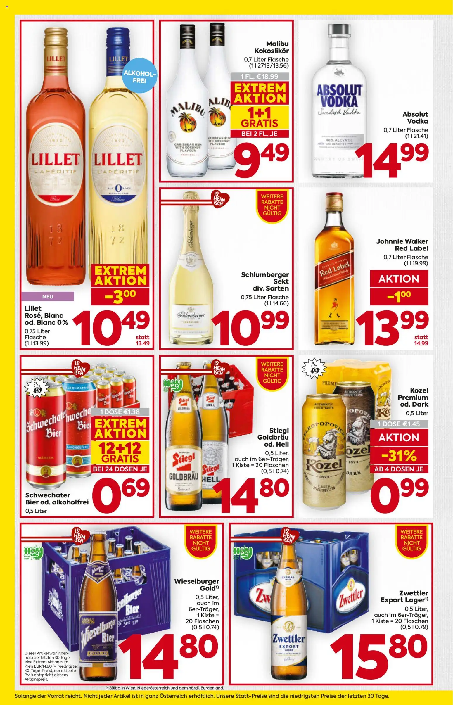 Billa AT akciós ujság - amely érvényes a következő dátumtól: 23.04.2026 | Oldal: 14 | Termékek: Malibu, Alkohol, Absolut vodka, Rum