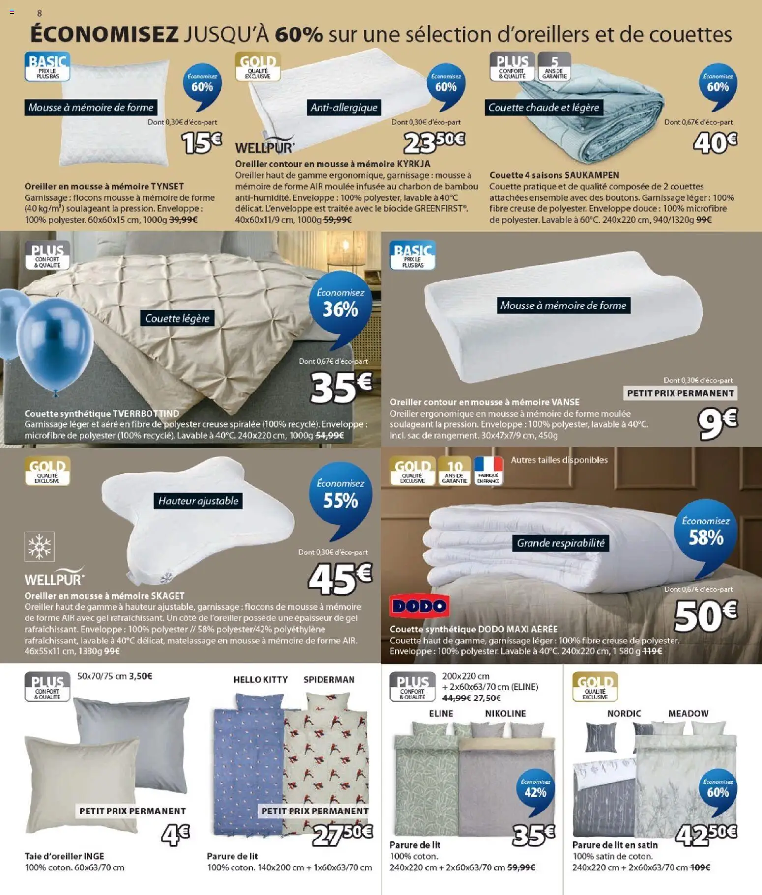 {H1} | Page: 8 | Produits: Flocons, Taie d'oreiller, Oreiller, Couette