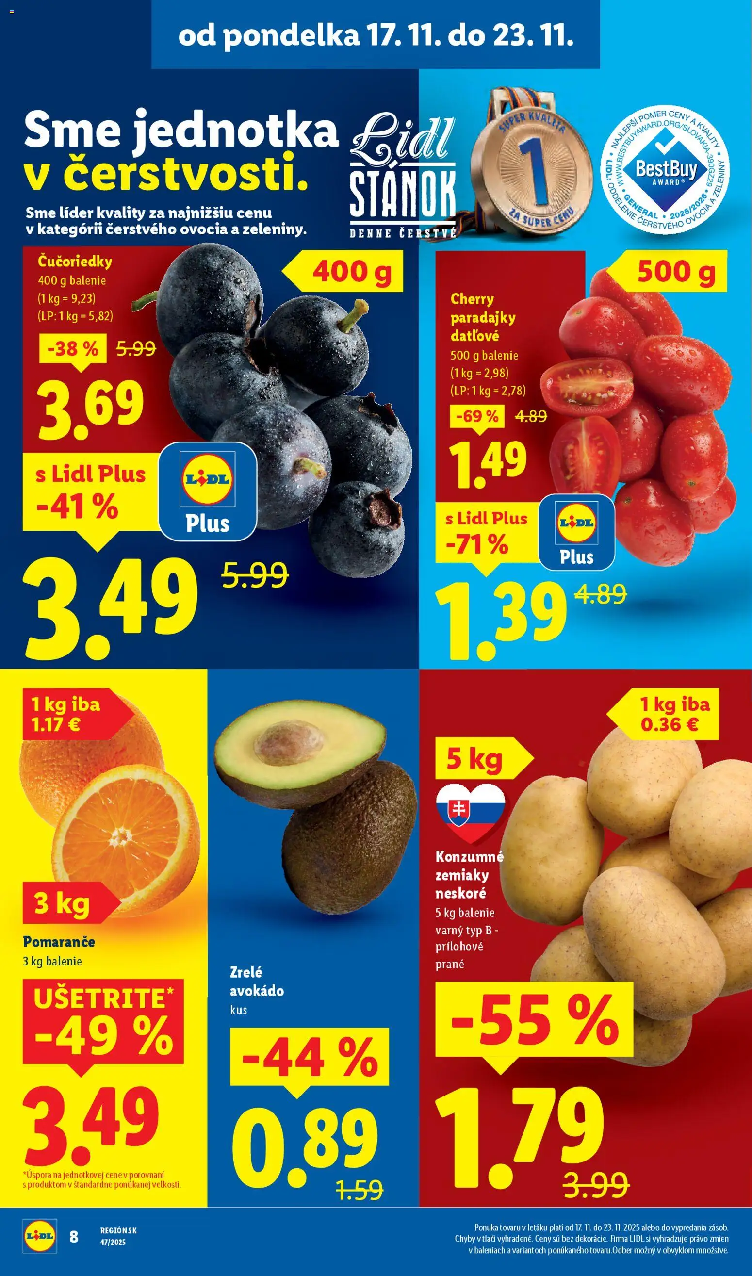 Nové Lidl akcie – leták je platný od 17.11.2025 | Strana: 8 | Produkty: Pomaranče, Paradajky, Čučoriedky, Cherry paradajky