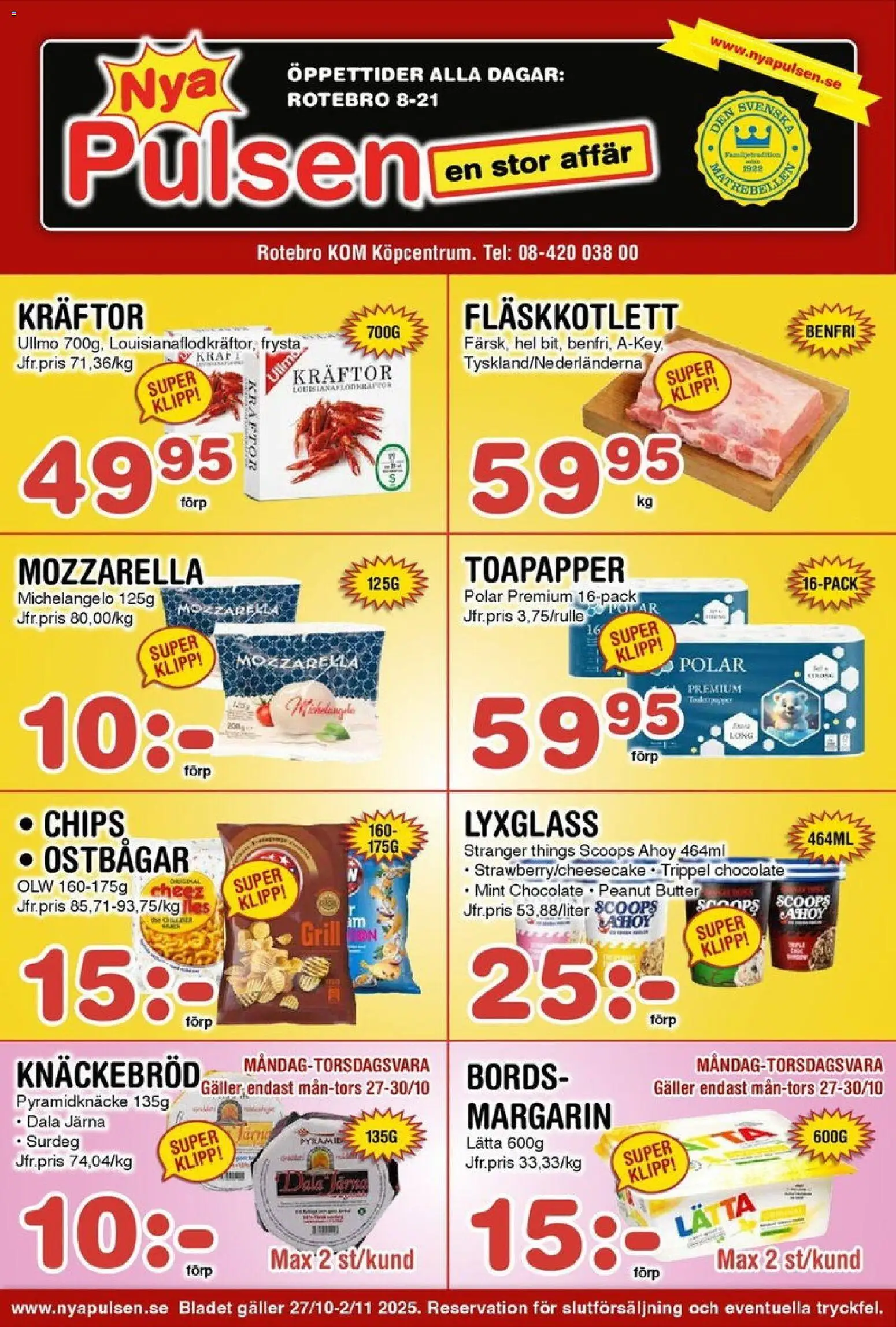 Nya Pulsen reklamblad aktuell från 27.10.2025 | Sida: 1 | Produkter: Ostbågar, Kräftor, Chips, Margarin