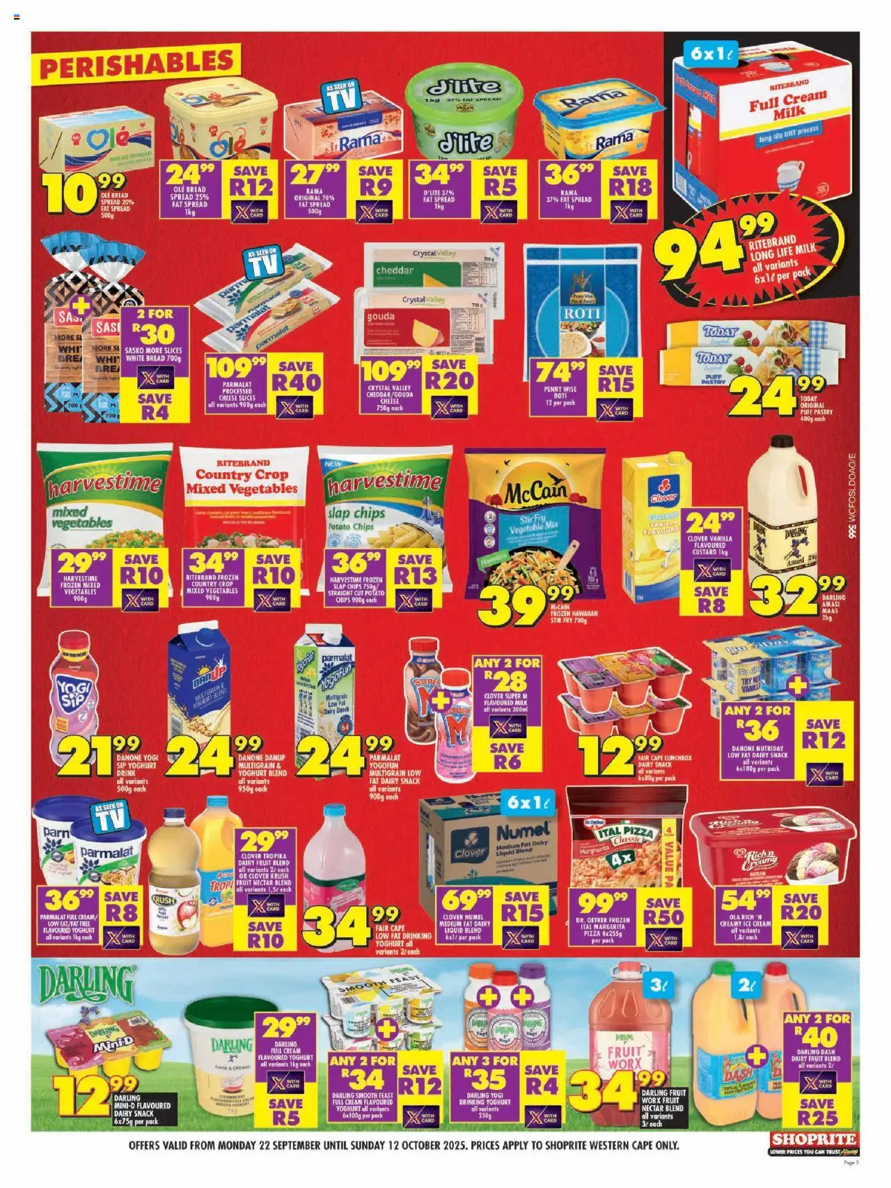 New Shoprite catalogue – valid from 22.09.2025 | Page: 3 | Products: Custard, Milk, Chips, Ice cream