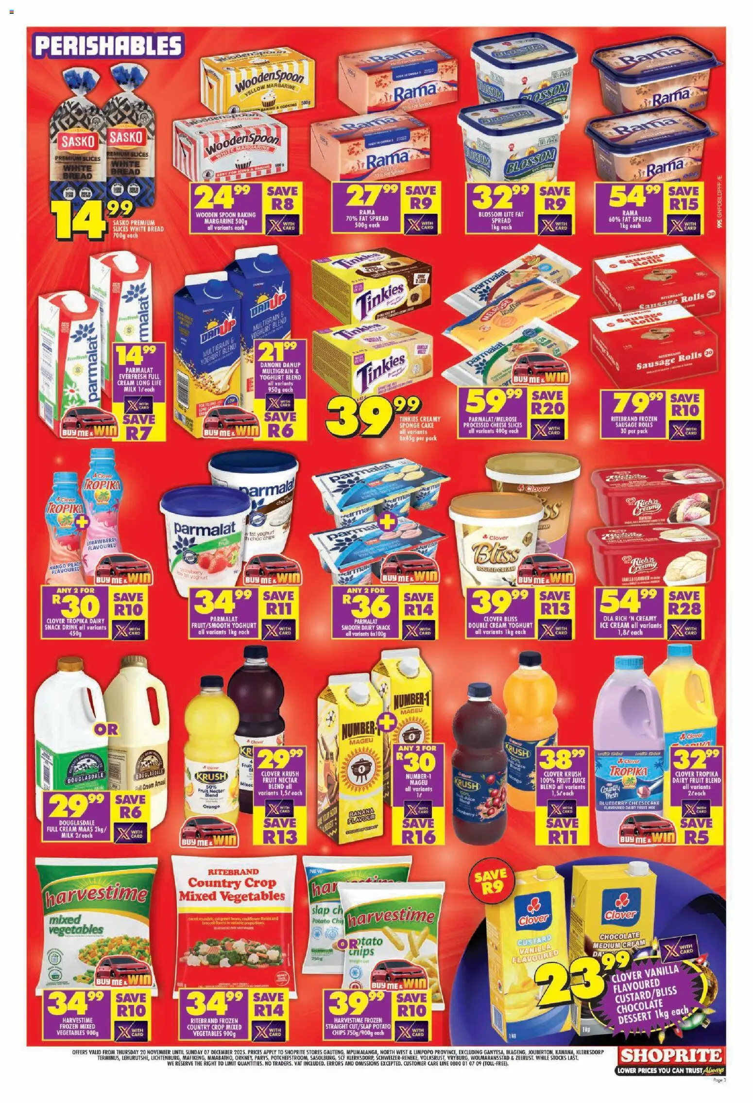 New Shoprite catalogue – valid from 20.11.2025 | Page: 3 | Products: Custard, Chocolate, Chips, Fruit