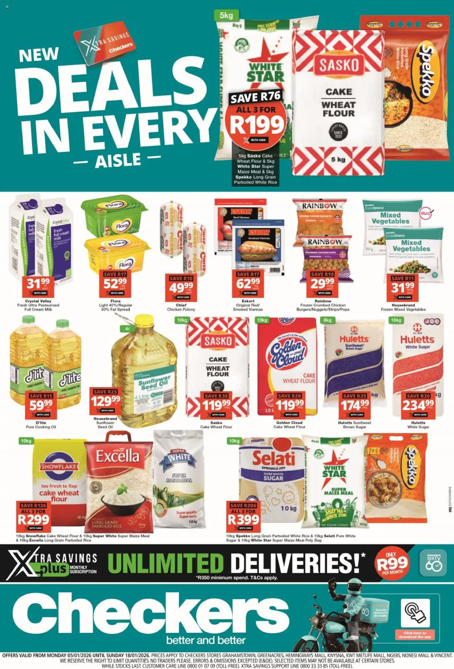 New Checkers catalogue – valid from 05.01.2026 | Page: 1 | Products: Flour, Maize meal, Light, Vegetables