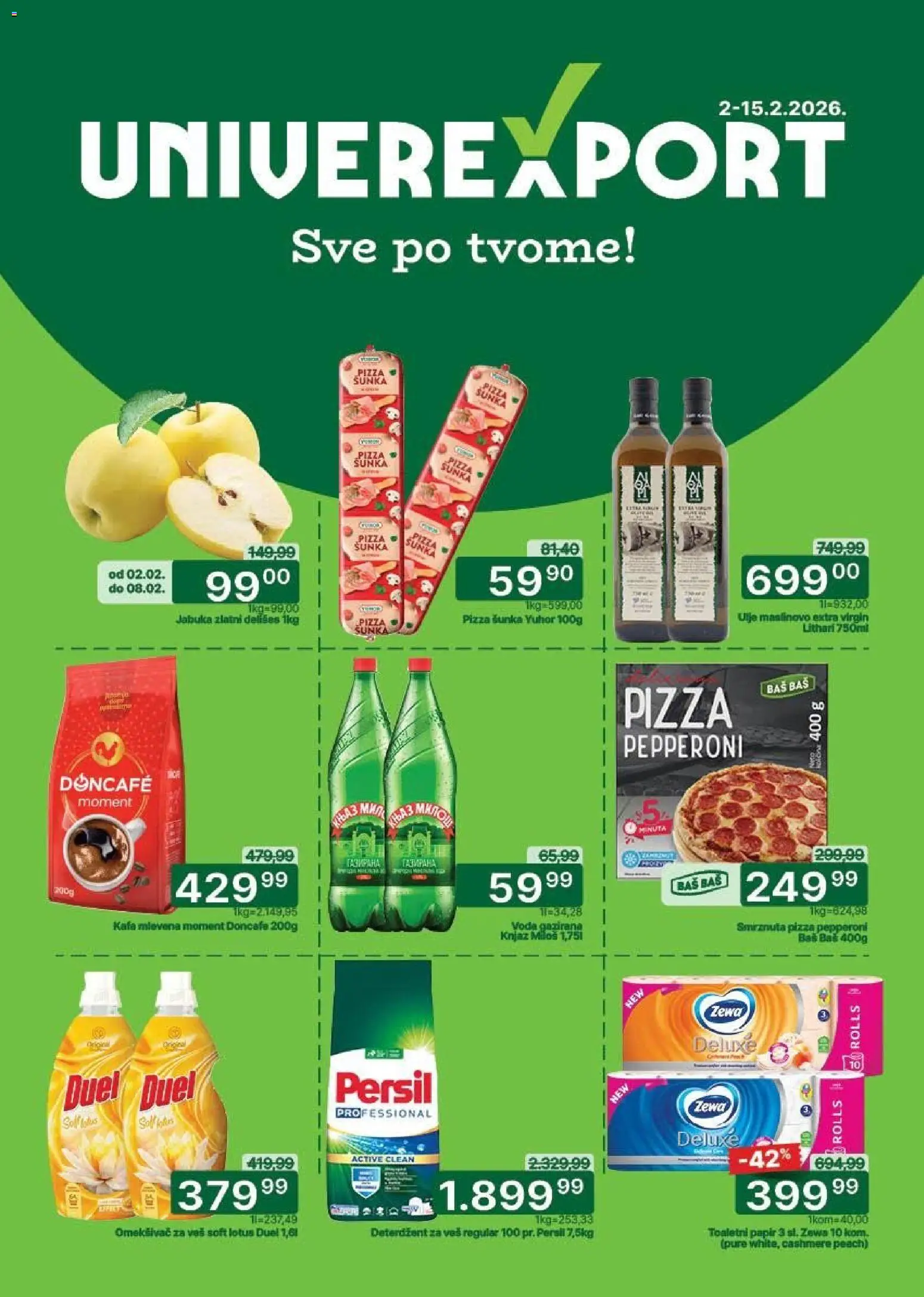 Univerexport katalog - važi od 02.02.2026 | Strana: 1 | Proizvode: Deterdžent, Kafa, Pizza šunka, Omekšivač za veš