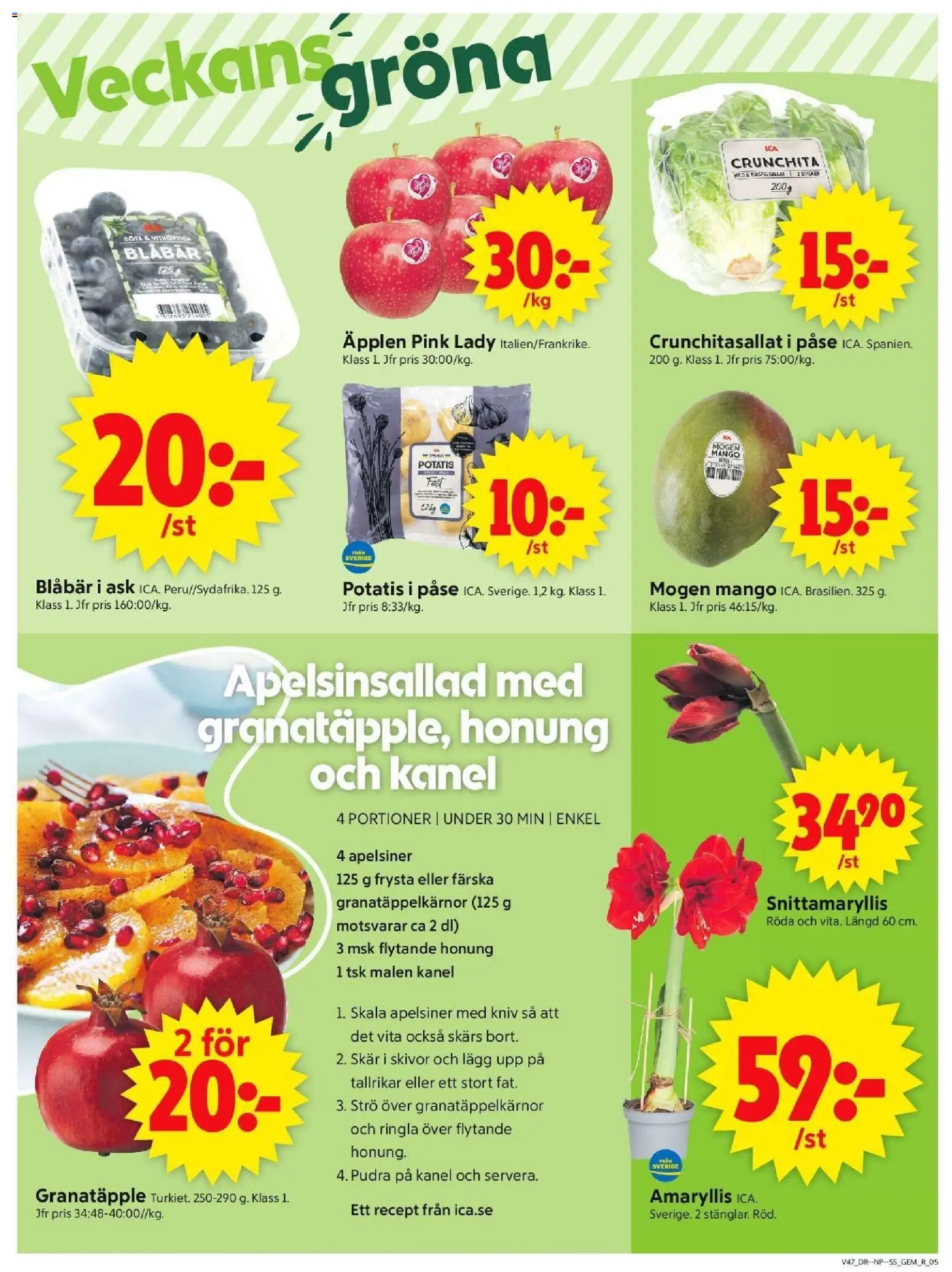 ICA Supermarket reklamblad aktuell från 17.11.2025 | Sida: 5 | Produkter: Äpplen, Potatis, Mango, Blåbär