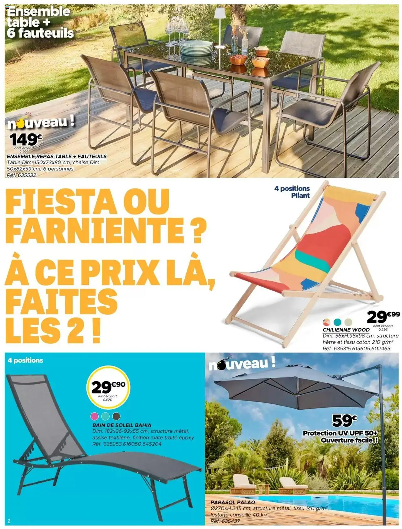  | Page: 2 | Produits: Bain de soleil, Chaise, Chilienne, Parasol