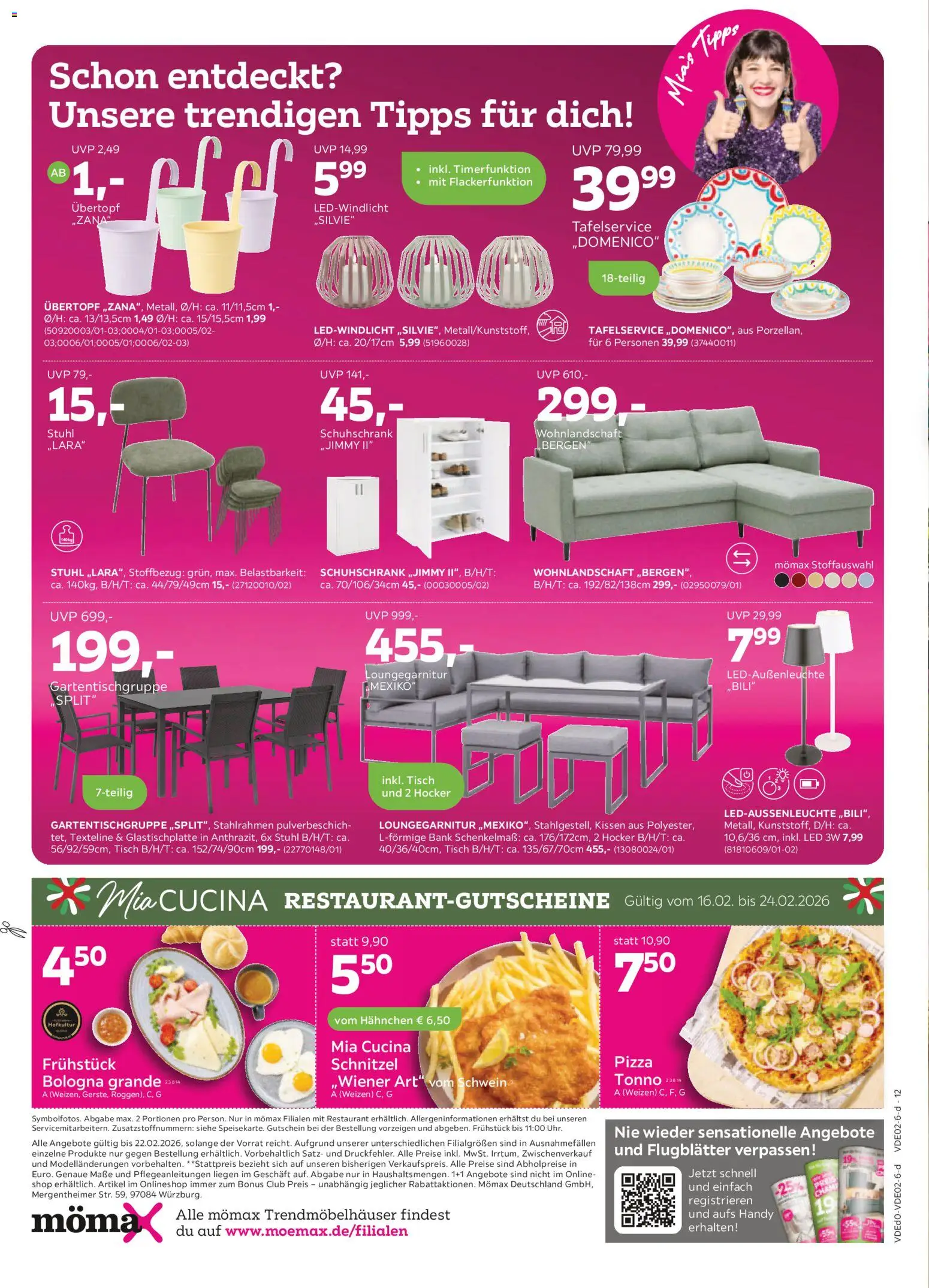 Mömax Prospekt 	 – gültig ab 16.02.2026 | Seite: 12 | Produkte: Hahnchen, Stuhl, Schnitzel, Pizza