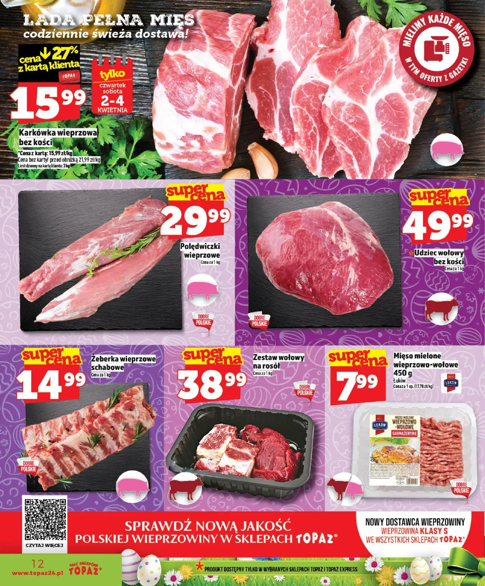 Topaz gazetka - Ceny małe na stałe od 02.04.2026 | Strona: 12 | Produkty: Karta, Karkówka, Mięso, Mięso mielone