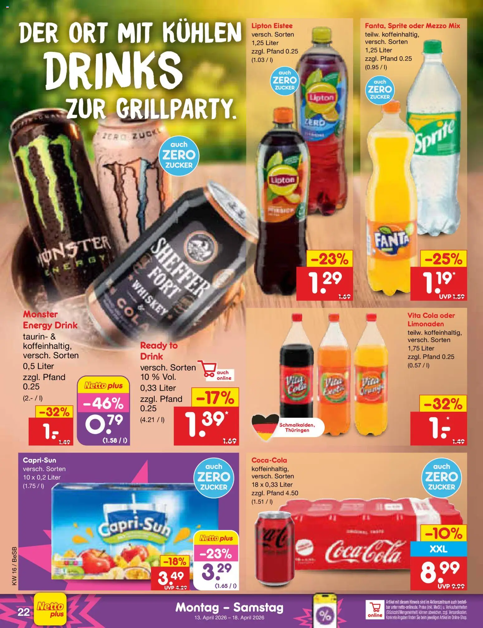 Netto Marken-Discount Prospekt 	 – gültig ab 13.04.2026 | Seite: 34 | Produkte: Coca cola, Fanta, Monster, Oder mezzo mix