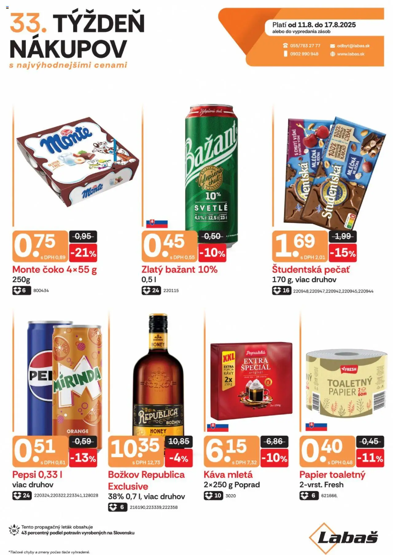 Labaš leták │ platný od 11.08.2025 | Strana: 1 | Produkty: Zlatý Bažant, Študentská pečať, Pepsi, Mirinda