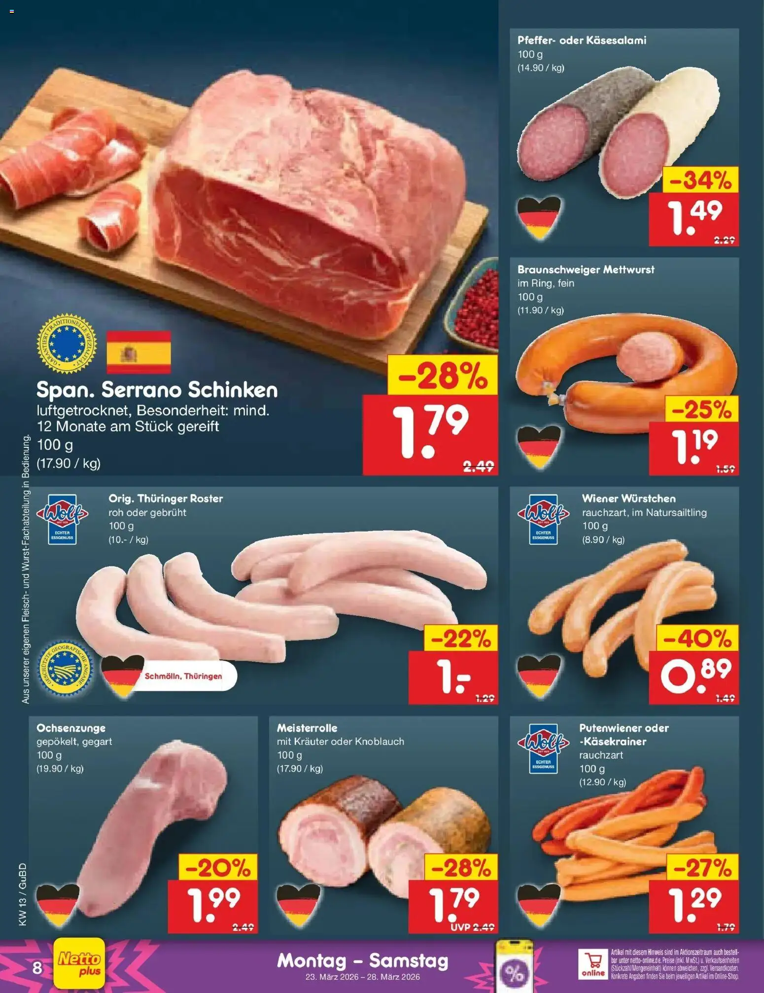 Netto Marken-Discount Prospekt Glauchau	 – gültig ab 23.03.2026 | Seite: 8 | Produkte: Pfeffer, Knoblauch, Serrano schinken, Schinken