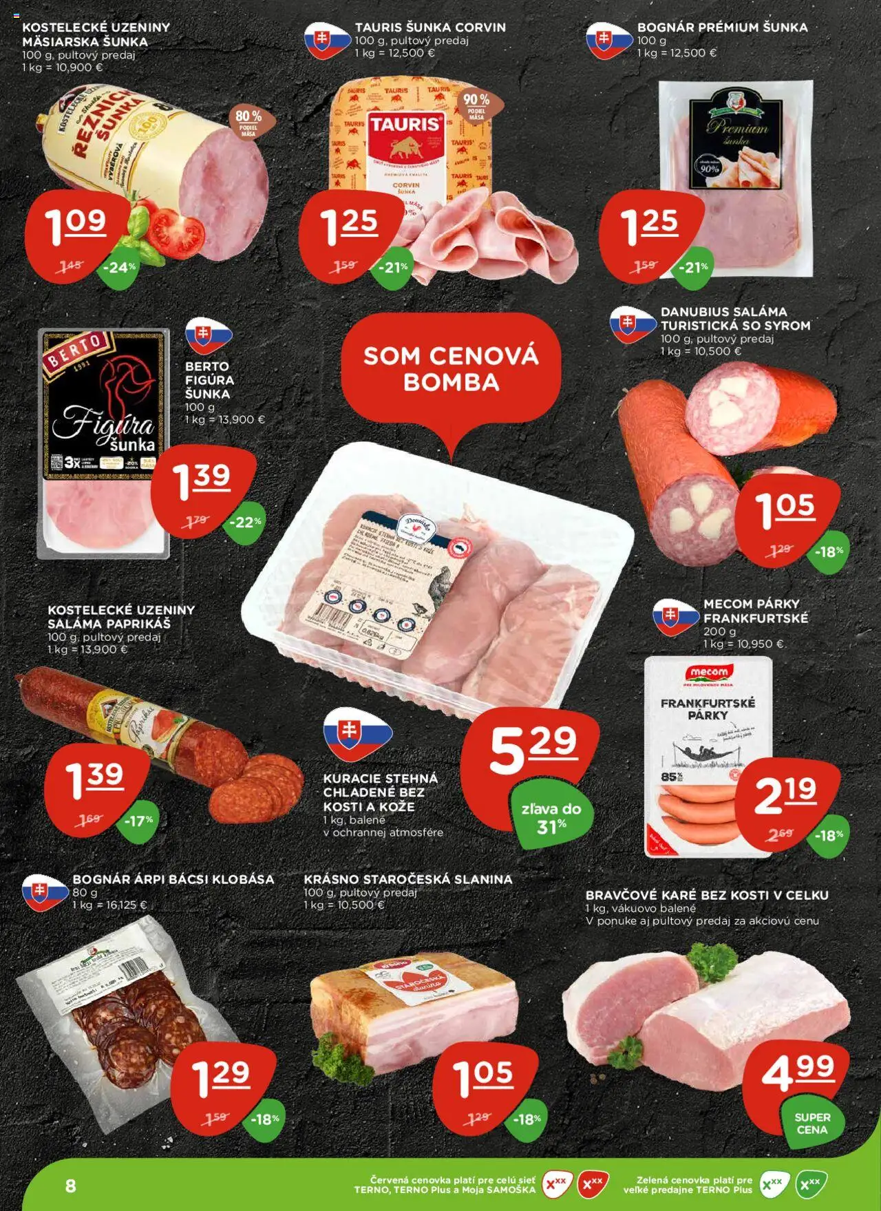 Nové Terno akcie – leták je platný od 18.09.2025 | Strana: 8 | Produkty: Saláma, Šunka, Párky, Bravčové karé