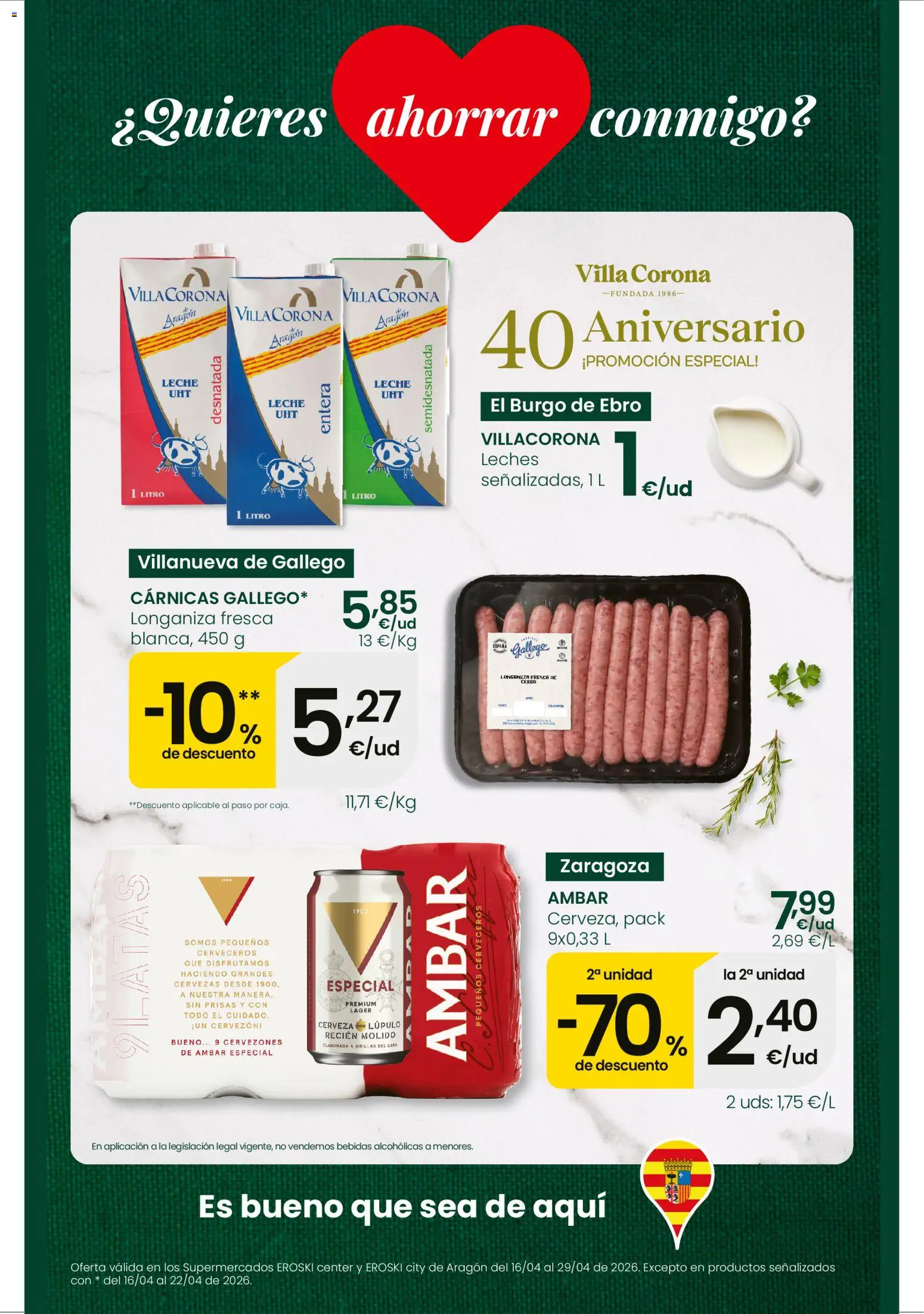 Eroski Quieres ahorrar conmigo │ válido desde el 16.04.2026 | Página: 1 | Productos: Leche, Cerveza, Longaniza