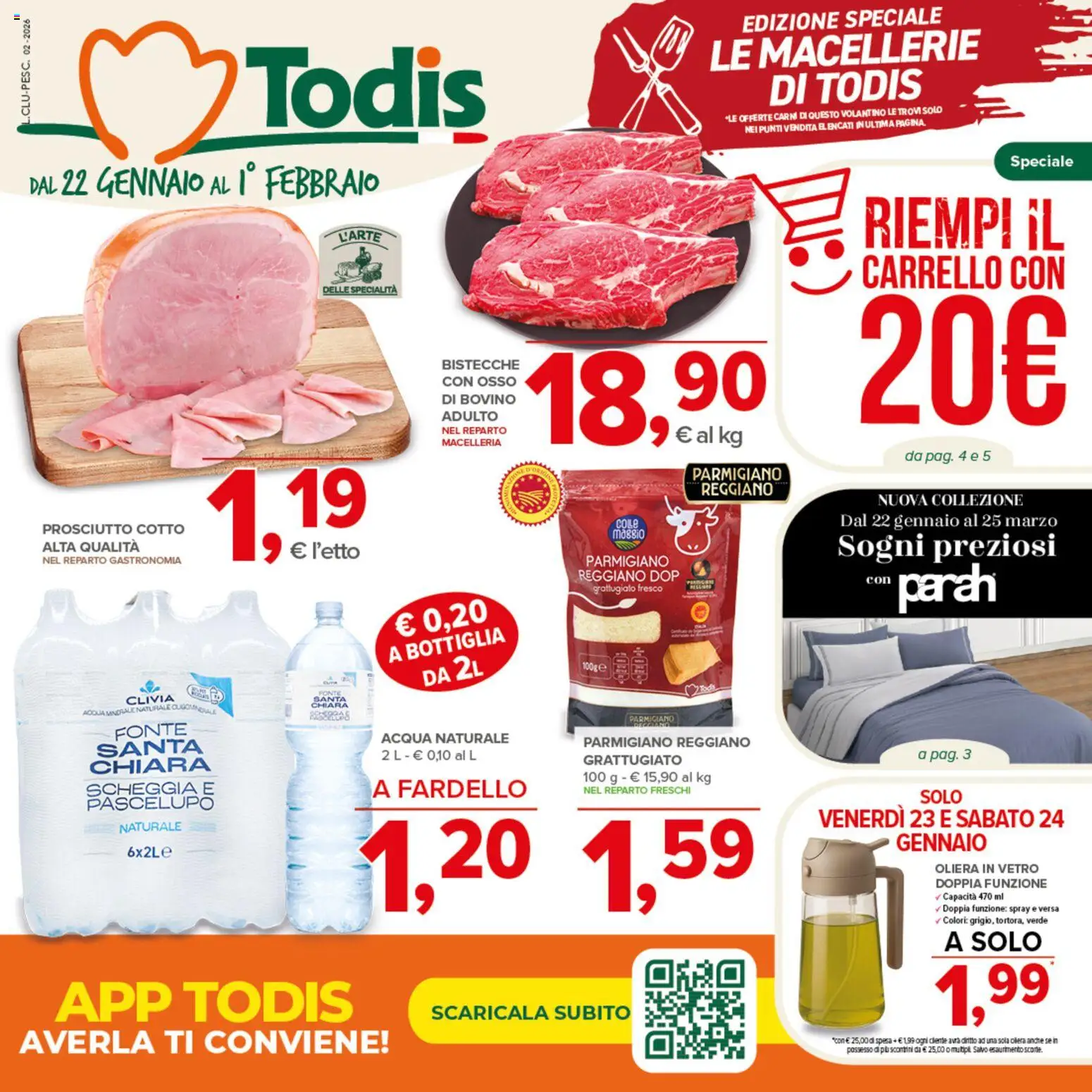 Volantino Todis del 22.01.2026 | Pagina: 1 | Prodotti: Bovino, Acqua naturale, Parmigiano reggiano, Parmigiano