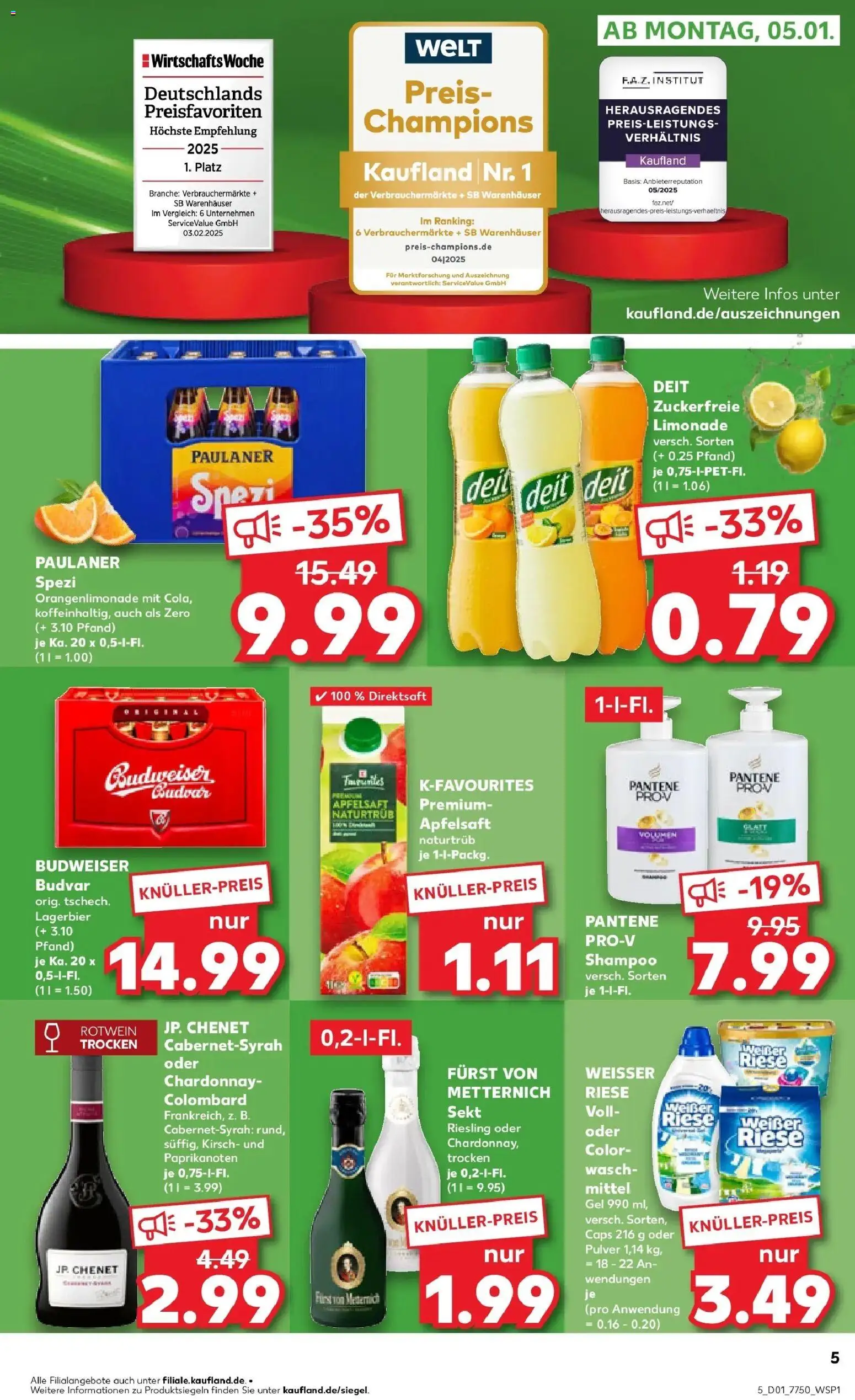 Kaufland prospekt Hermeskeil	 – gültig ab 05.01.2026 | Seite: 5 | Produkte: Paulaner spezi, Rotwein, Budweiser, Paulaner