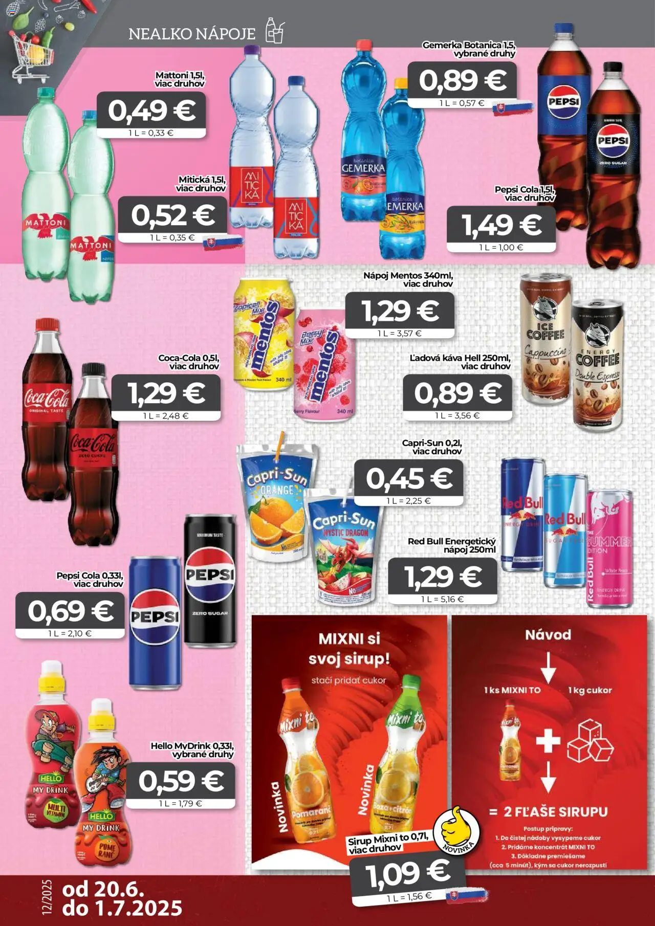 CBA Komfos leták │ platný od 20.06.2025 | Strana: 12 | Produkty: Coca cola, Pepsi, Mitická, Gemerka