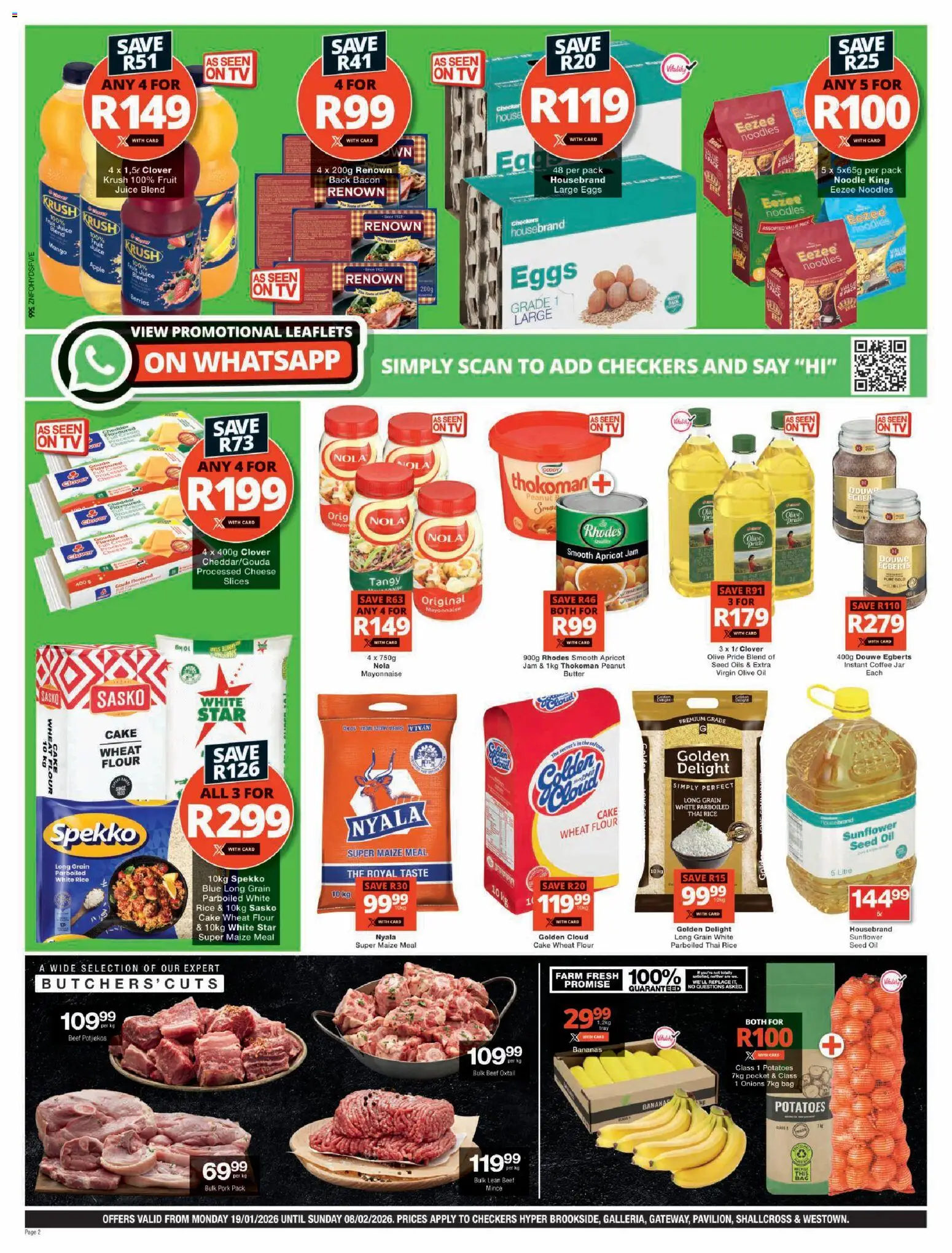 New Checkers catalogue – valid from 19.01.2026 | Page: 2 | Products: Jam, Maize meal, Fruit, Mayonnaise