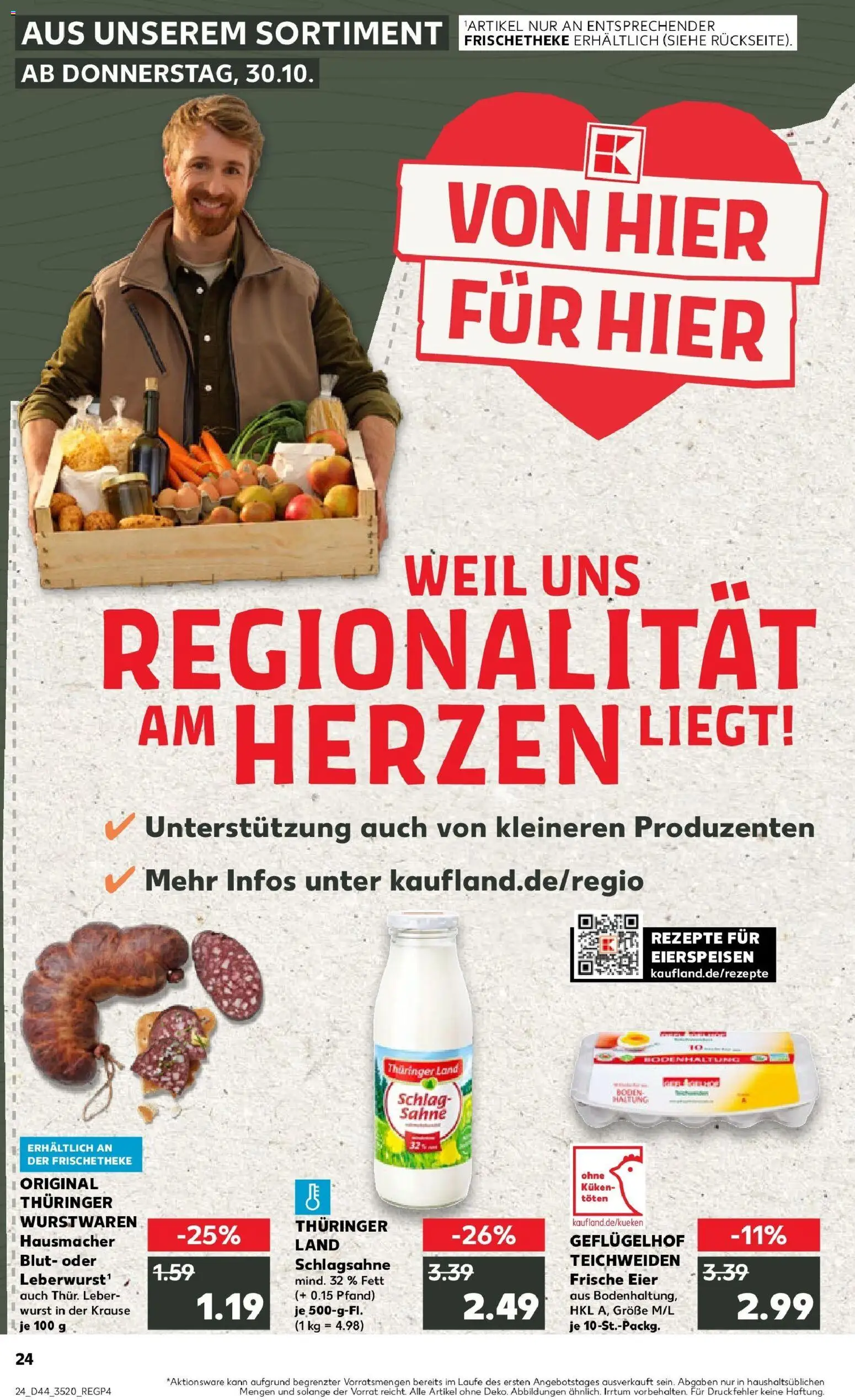 Kaufland prospekt Unterwellenborn	 – gültig ab 30.10.2025 | Seite: 24 | Produkte: Schlagsahne, Eier, Wurst, Sahne