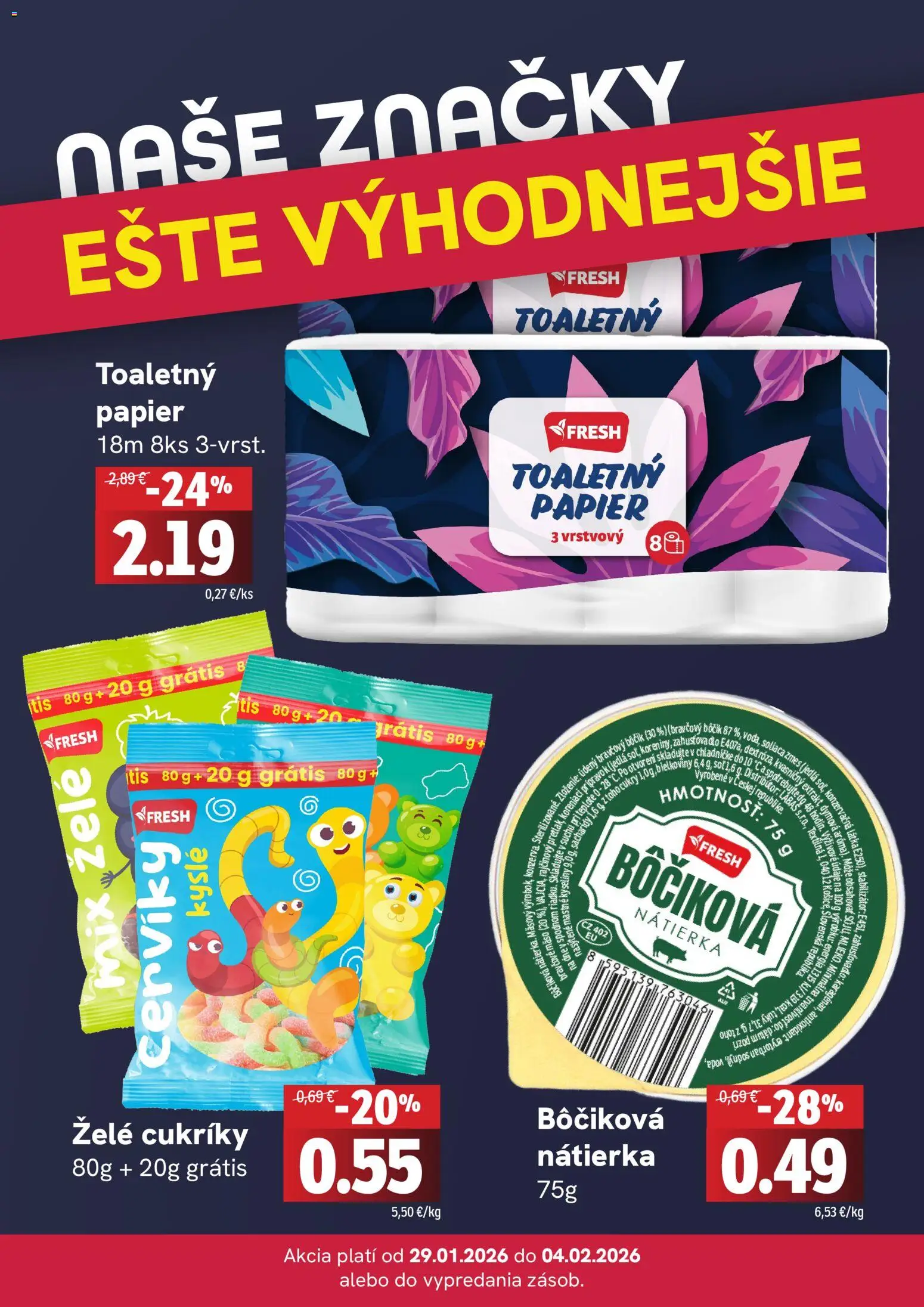 Nové Fresh akcie – leták je platný od 29.01.2026 | Strana: 4 | Produkty: Toaletný papier, Cukríky