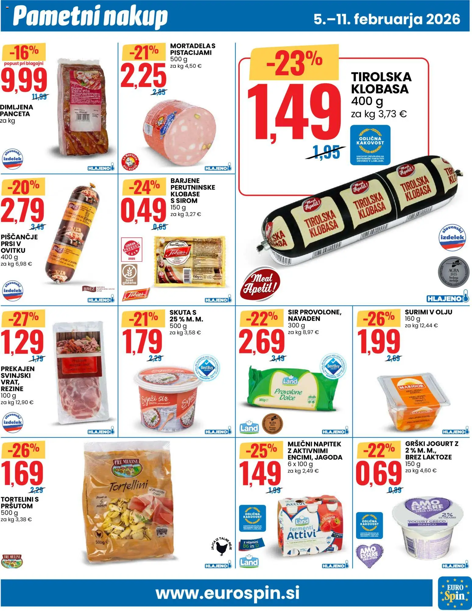 Novi Eurospin katalog ponudbe – veljaven od 05.02.2026 | Stran: 3 | Izdelki: Prsi v ovitku, Jogurt, Skuta, Klobase