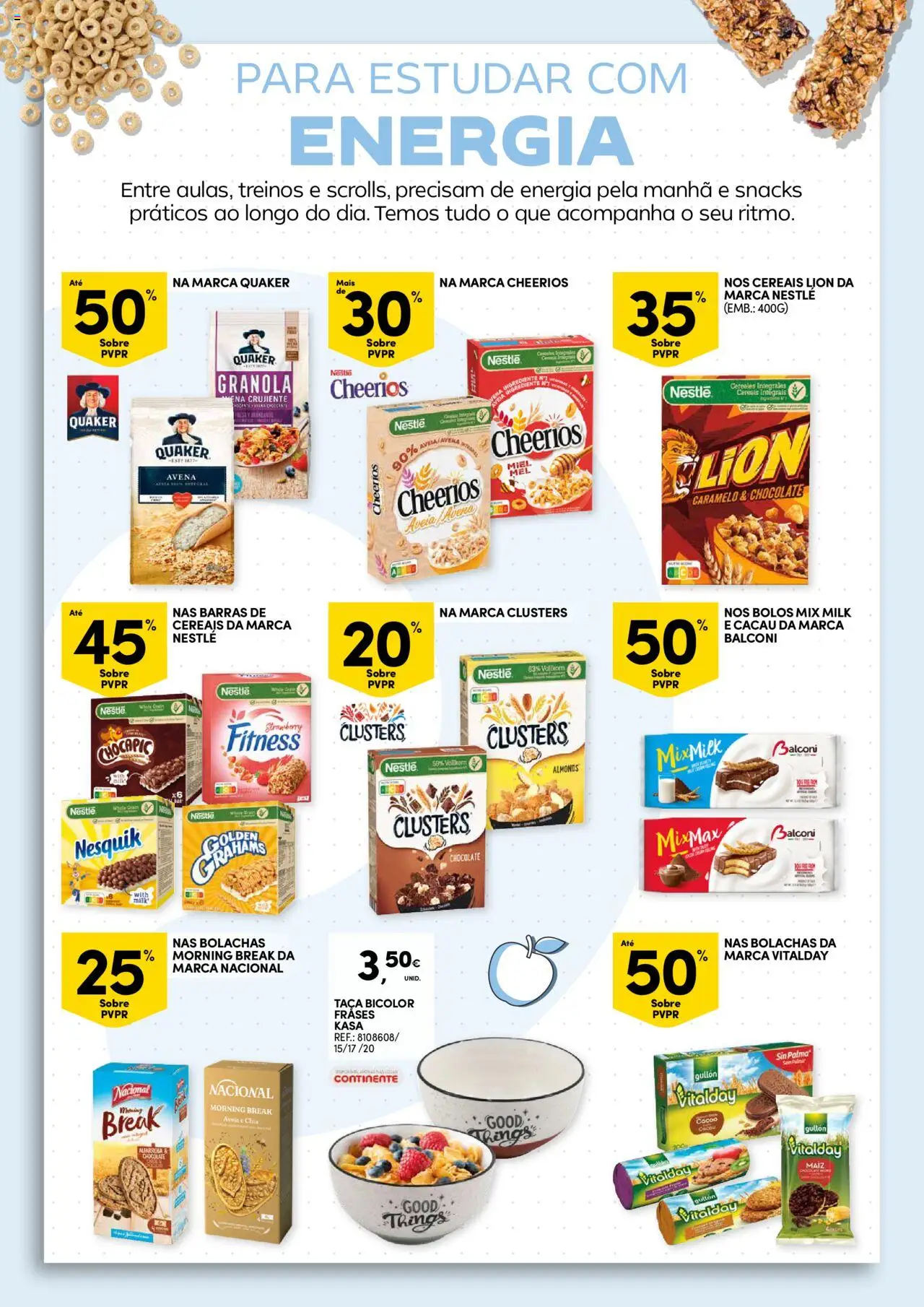 Continente Pequeno Almoço: Regressamos com energia │ válido de 19.08.2025 | Página: 10 | Produtos: Granola, Bolachas, Nestlé, Cereais