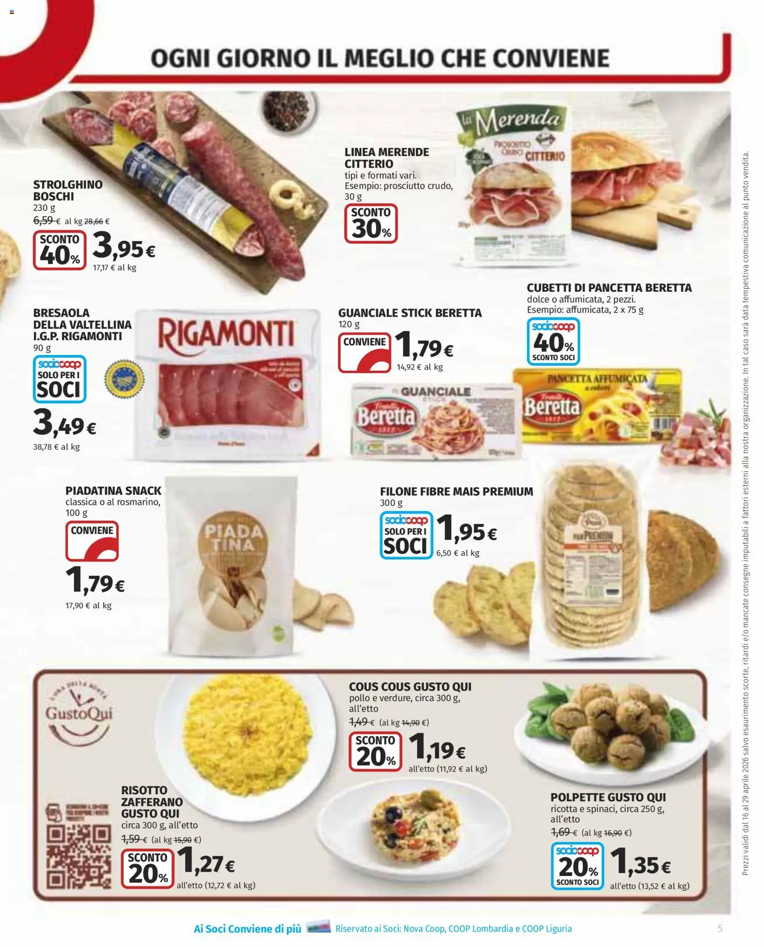 Volantino COOP del 16.04.2026 | Pagina: 5 | Prodotti: Pancetta, Cous cous, Ricotta, Mais
