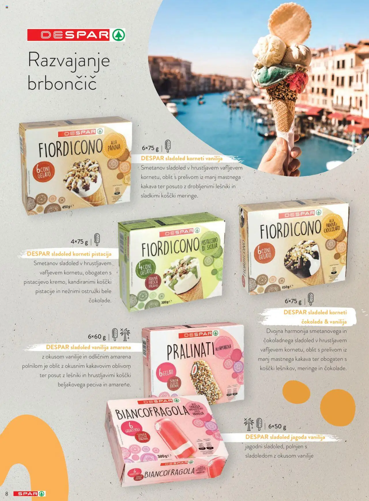 Novi Spar katalog ponudbe – veljaven od 14.04.2025 | Stran: 8 | Izdelki: Pistacije, Cokolada, Sladoled