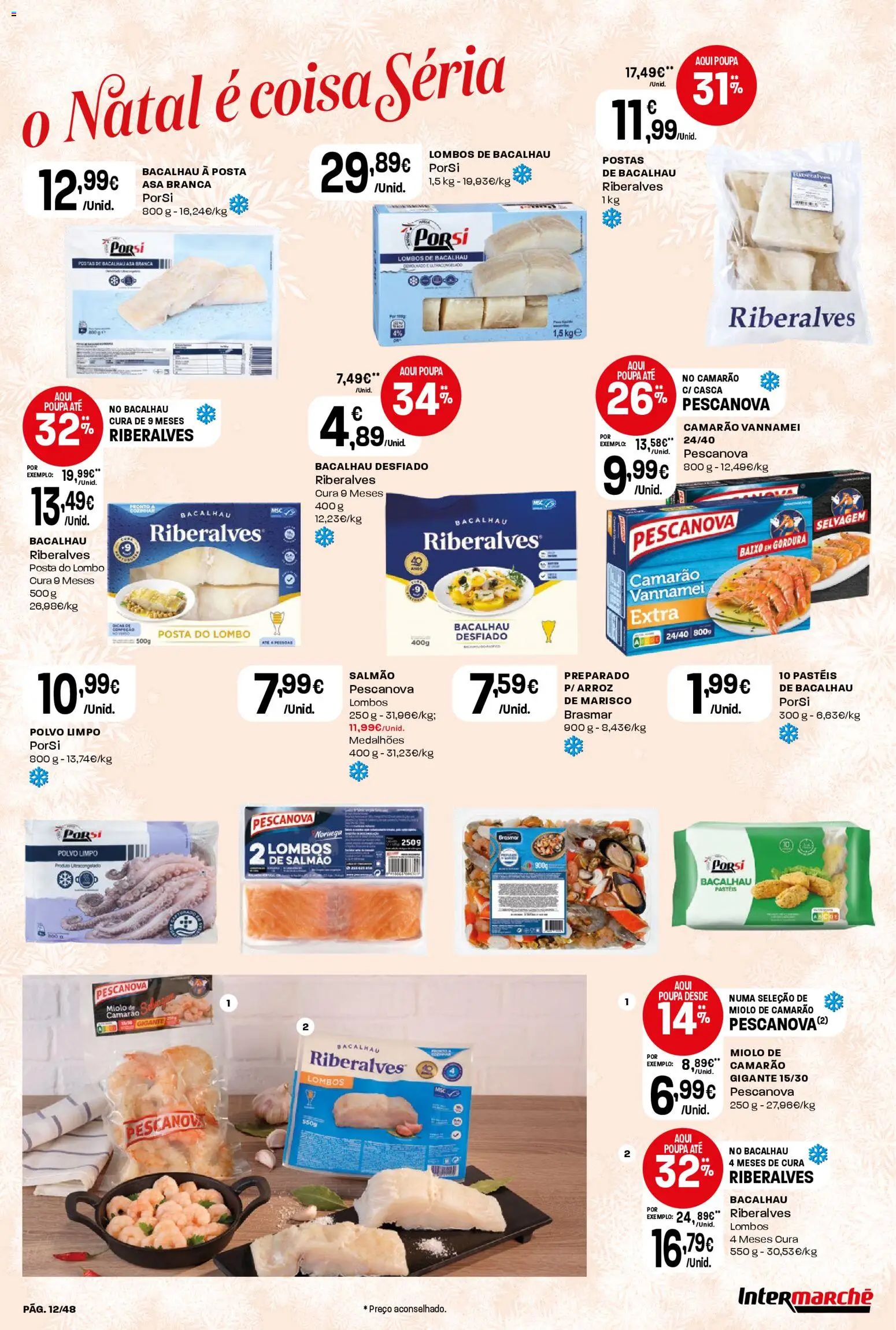 Intermarché folheto │ válido de 18.12.2025 | Página: 12 | Produtos: Polvo, Salmão, Lombo, Arroz