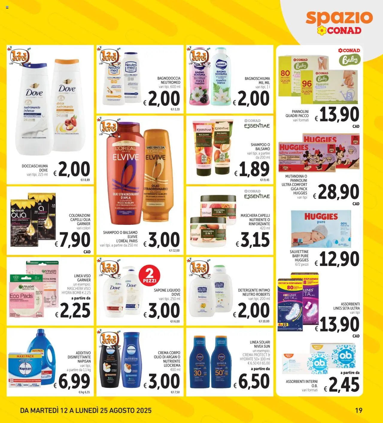 Volantino Spazio Conad del 12.08.2025 | Pagina: 19 | Prodotti: Shampoo, Crema, Detergente intimo, Bagno