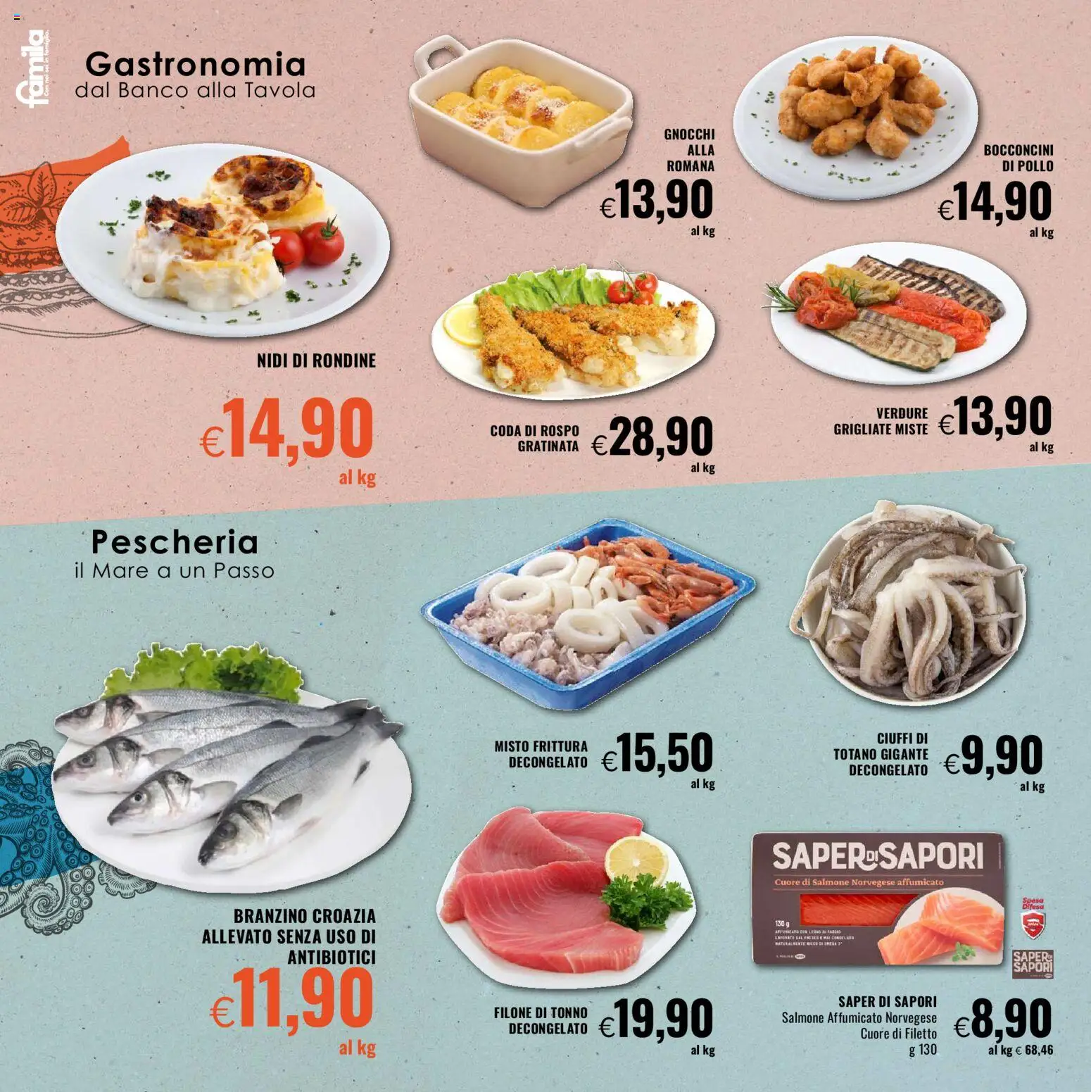 Volantino Famila del 27.11.2025 | Pagina: 8 | Prodotti: Salmone affumicato, Salmone, Verdure, Branzino