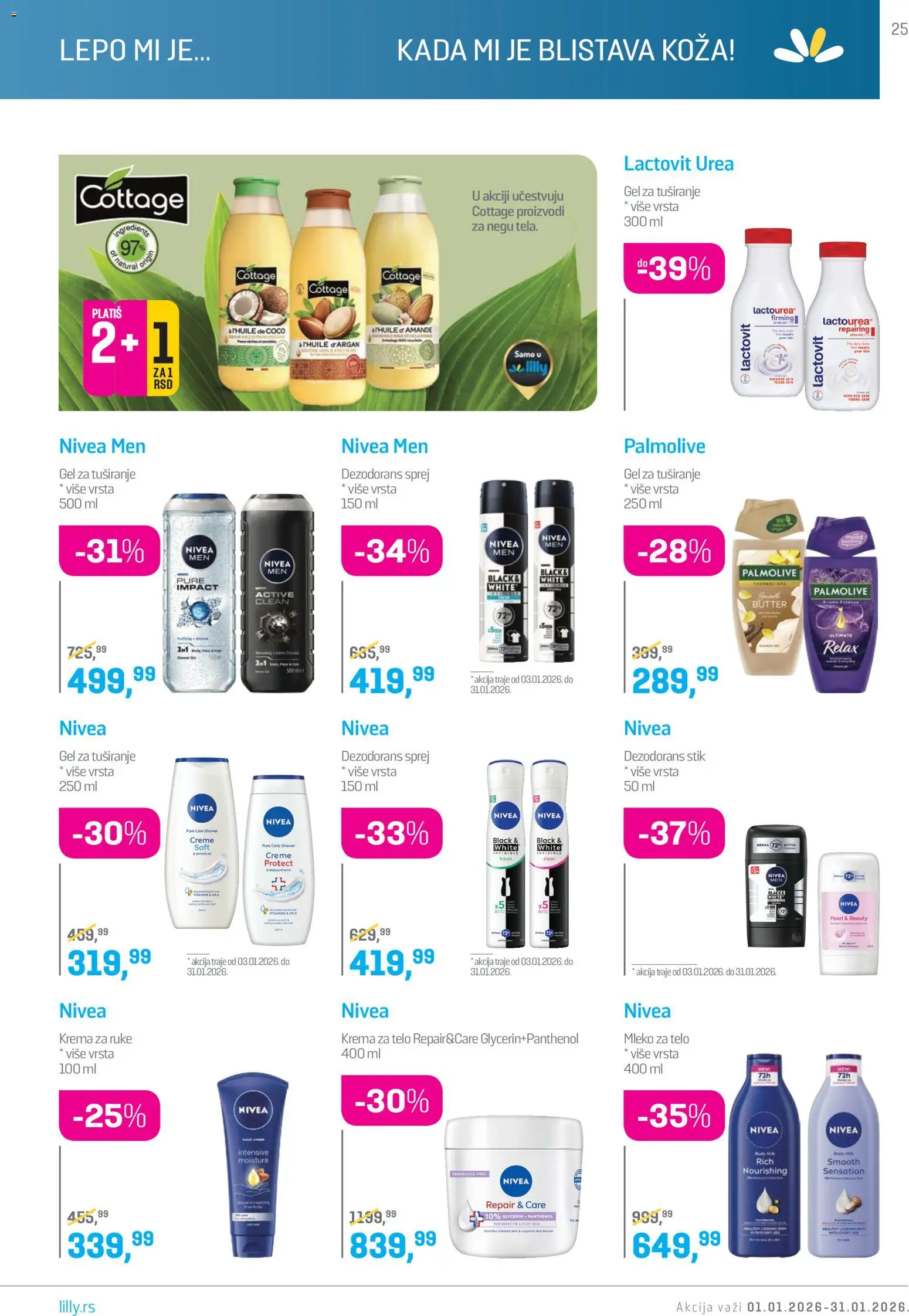 Lilly drogerie katalog - važi od 01.01.2026 | Strana: 25 | Proizvode: Nivea Men, Palmolive, Krema, Mleko za telo
