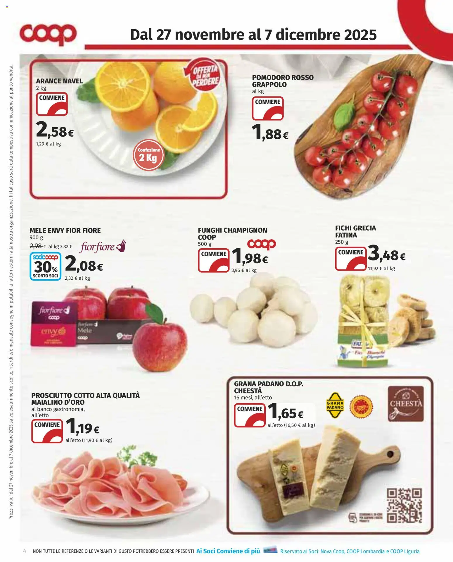 Volantino COOP del 27.11.2025 | Pagina: 4 | Prodotti: Prosciutto Cotto, Mele, Arance, Grana Padano