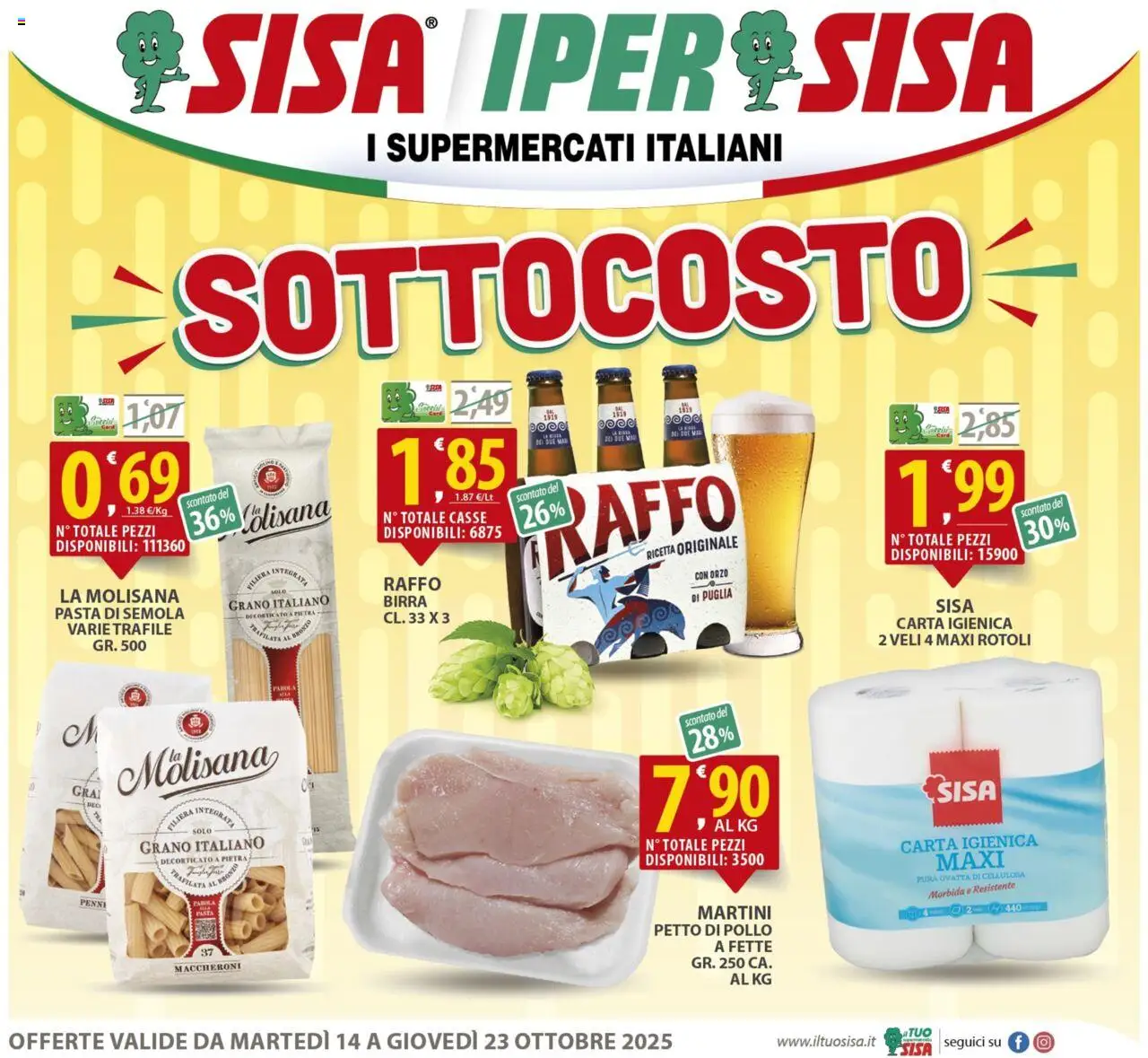 Volantino SISA del 14.10.2025 | Pagina: 1 | Prodotti: Petto di Pollo, Carta igienica, Pollo, Pasta