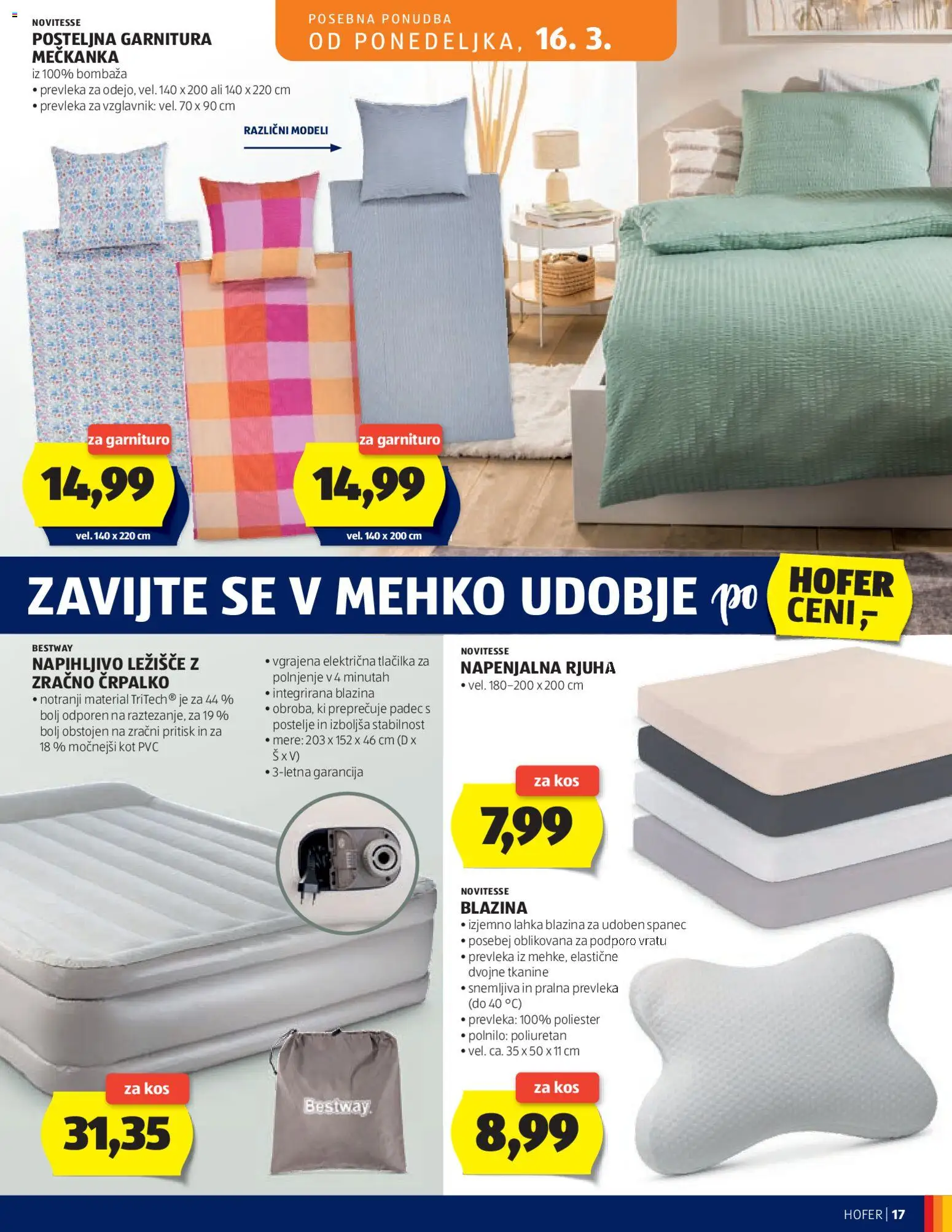 Novi Hofer katalog ponudbe – veljaven od 11.03.2026 | Stran: 17 | Izdelki: Ležišče, Prevleka, Rjuha, Kos