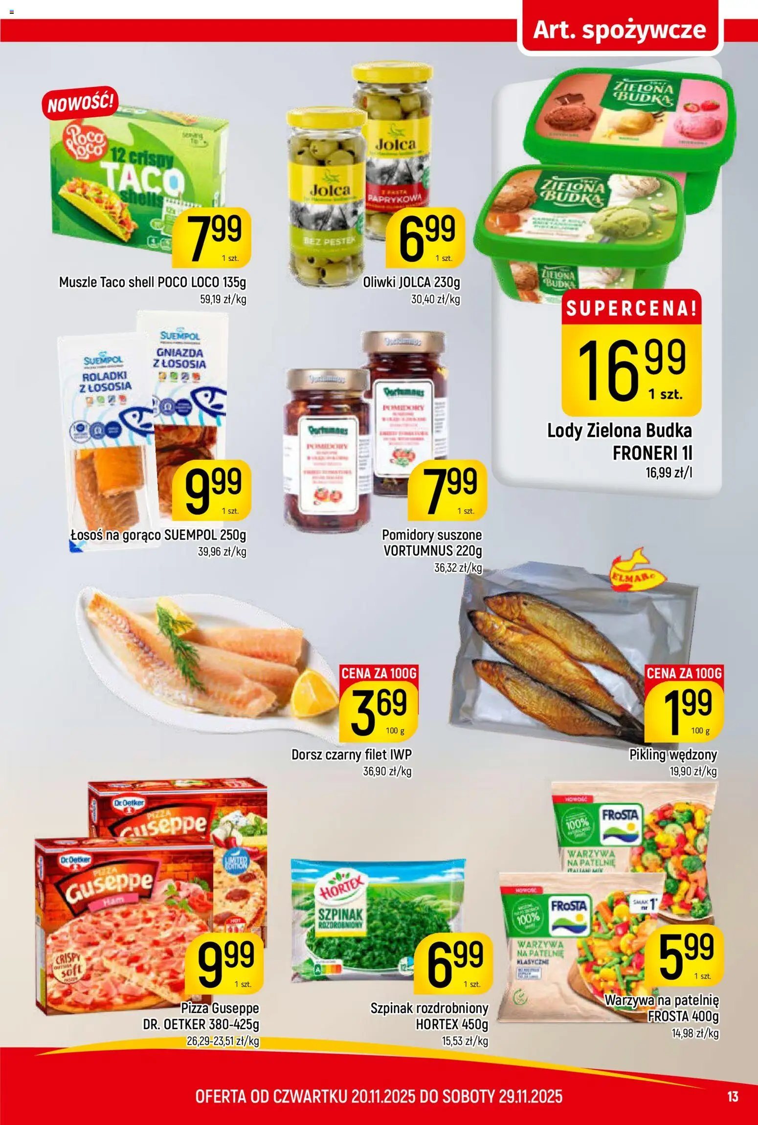 Piotruś Pan Gazetka od 20.11.2025 | Strona: 13 | Produkty: Muszle taco, Patelnie, Dorsz czarny, Warzywa