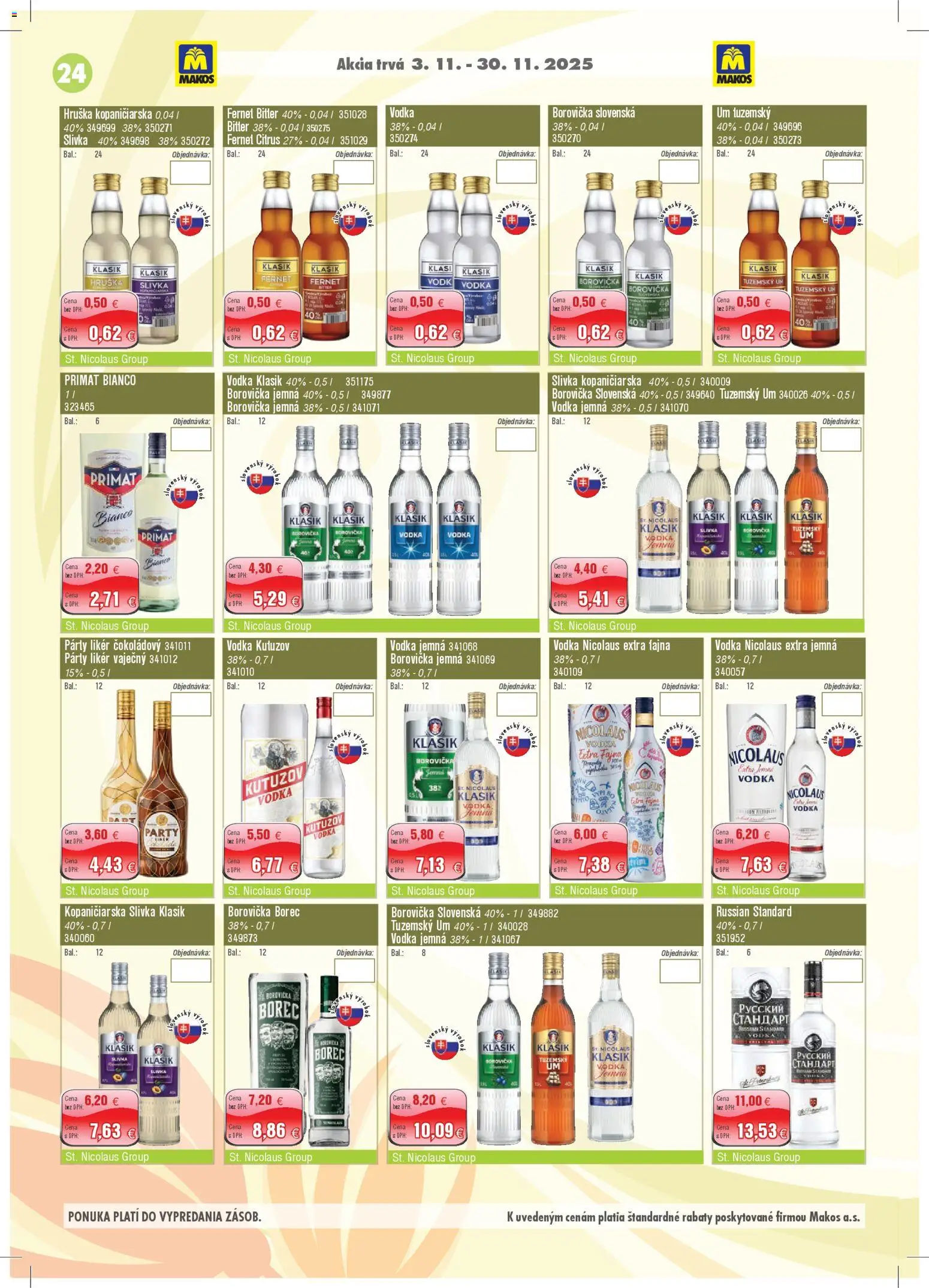 Nové Makos akcie – leták je platný od 03.11.2025 | Strana: 24 | Produkty: Borovička, Vodka, Fernet, Nicolaus vodka